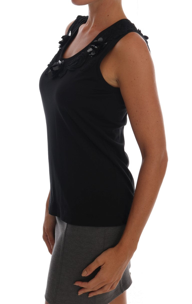 Dolce & Gabbana Schwarzes Baumwoll-Tank-Top mit geblümten Kristallen
