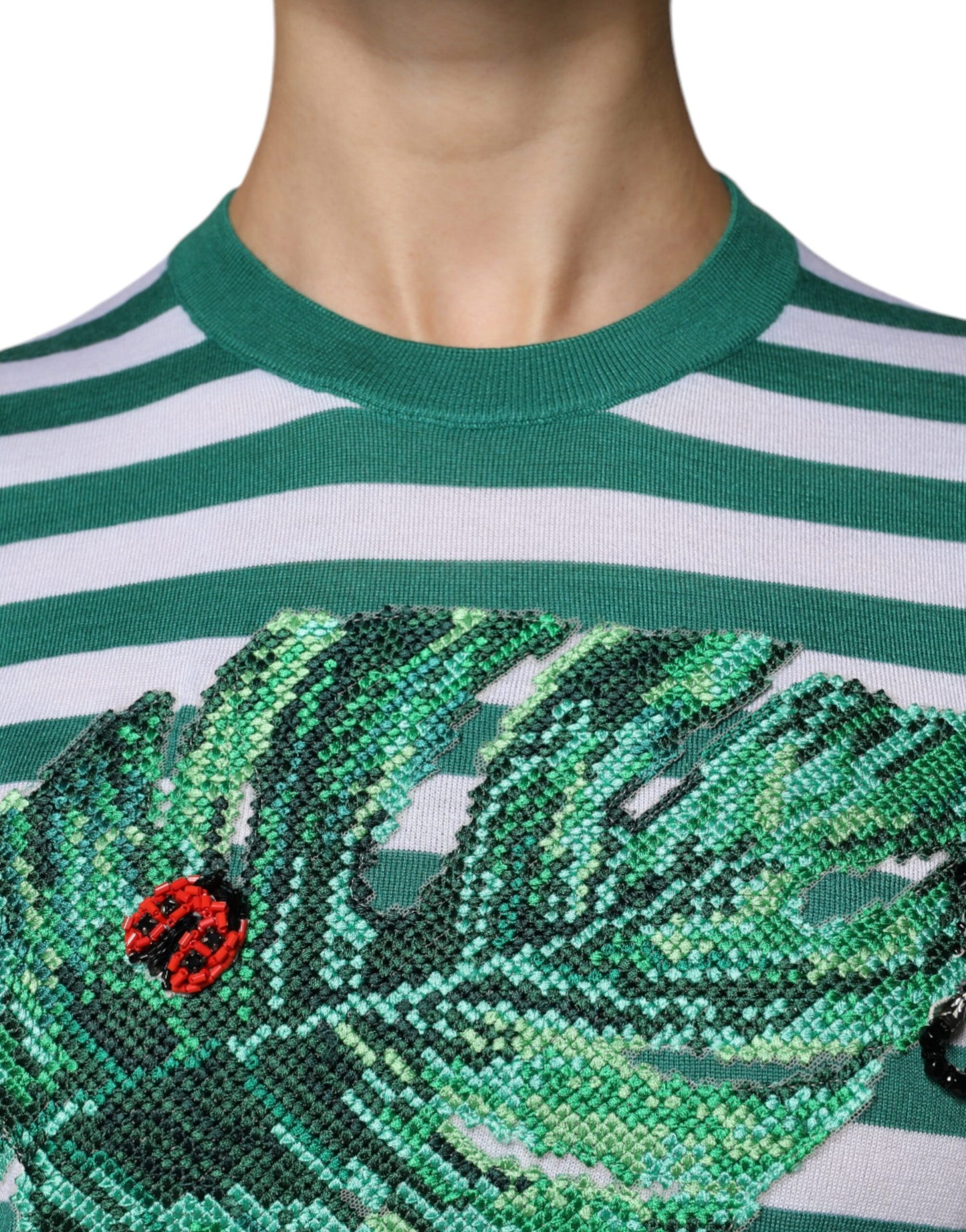 Dolce & Gabbana Weiß Grün Streifen Blatt Rundhals T-Shirt