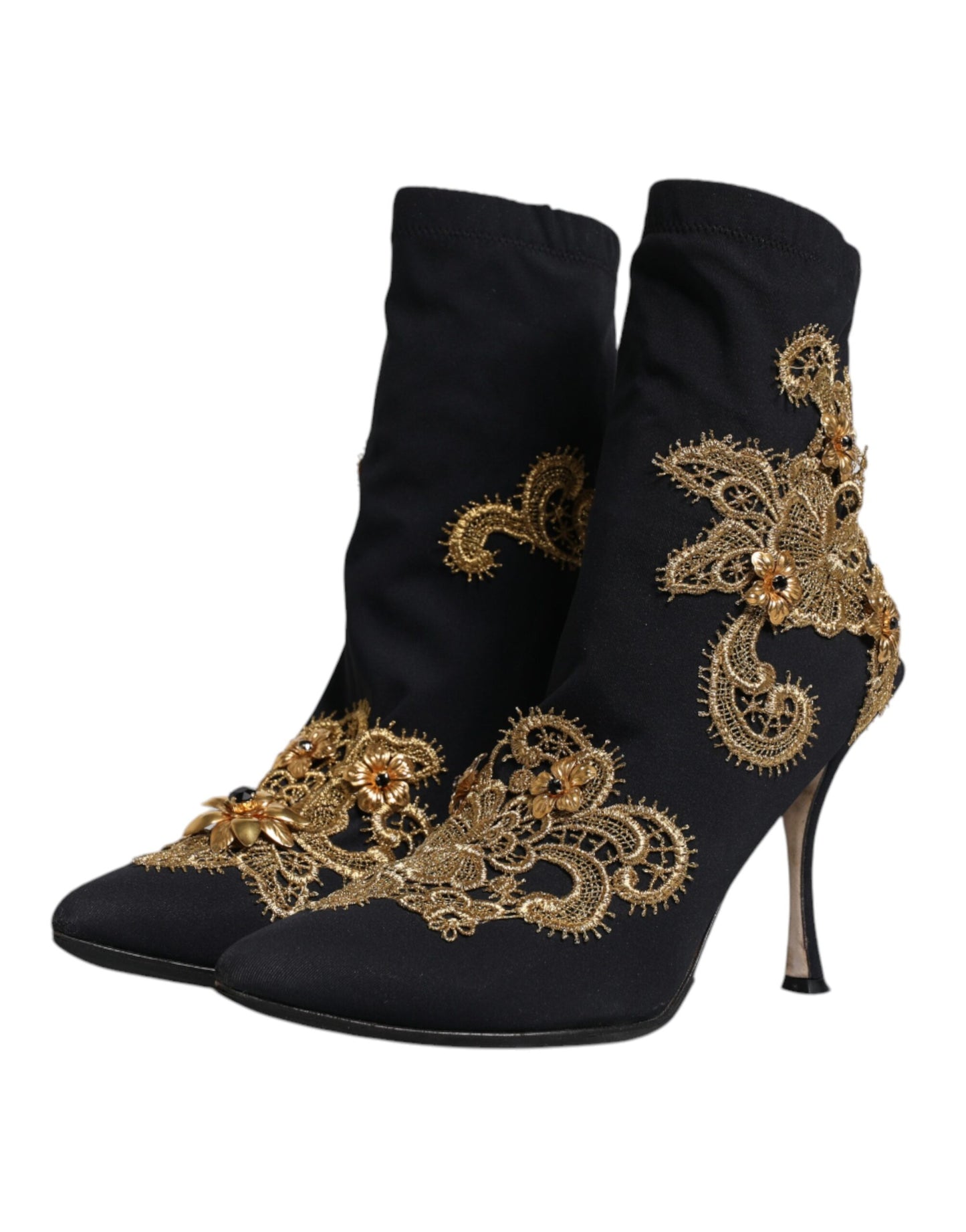 Dolce & Gabbana Schwarz Gold Stickerei Slip On Stiefel Schuhe