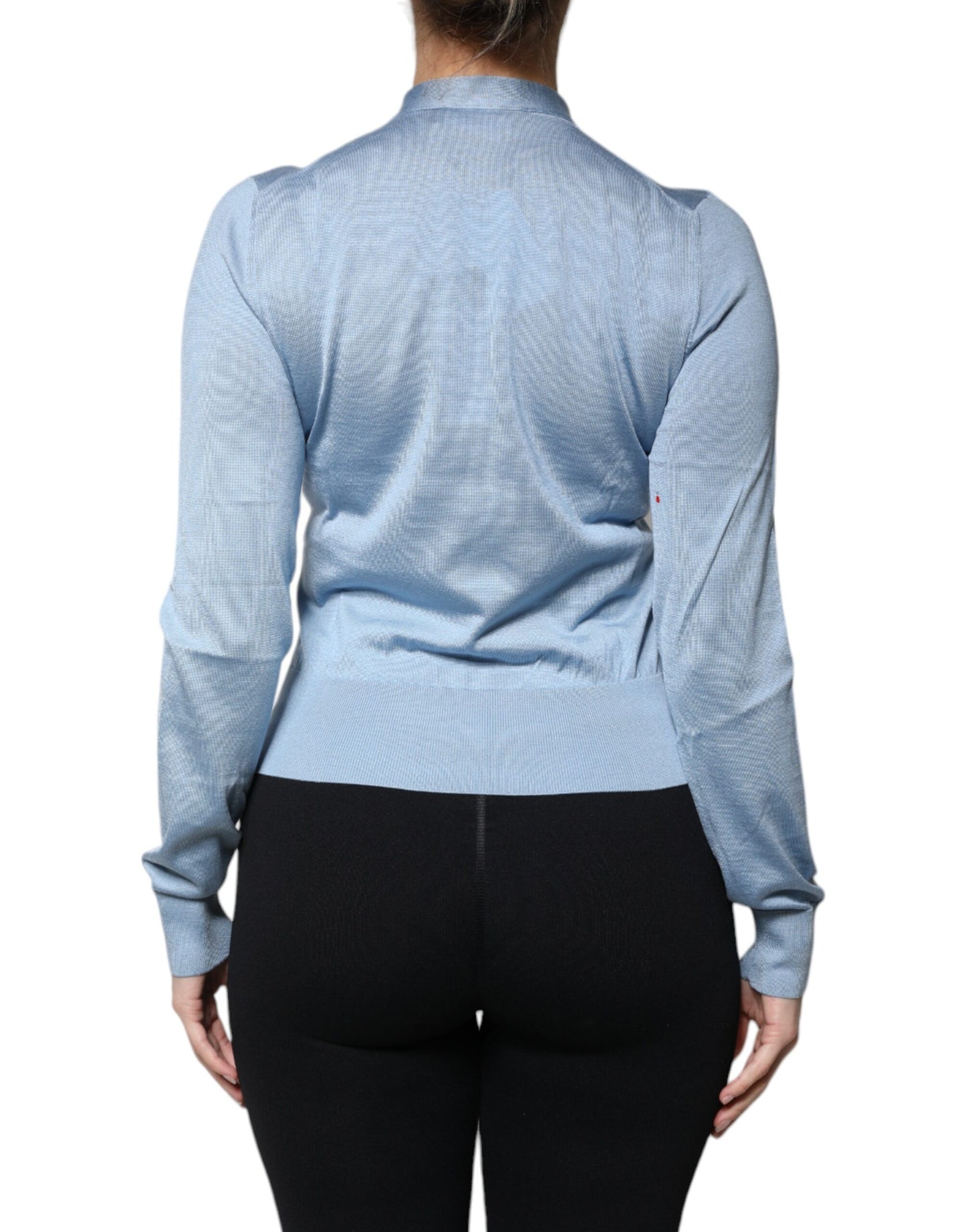 Dolce & Gabbana Blauer Seidenstrickpullover mit Ascot-Kragen