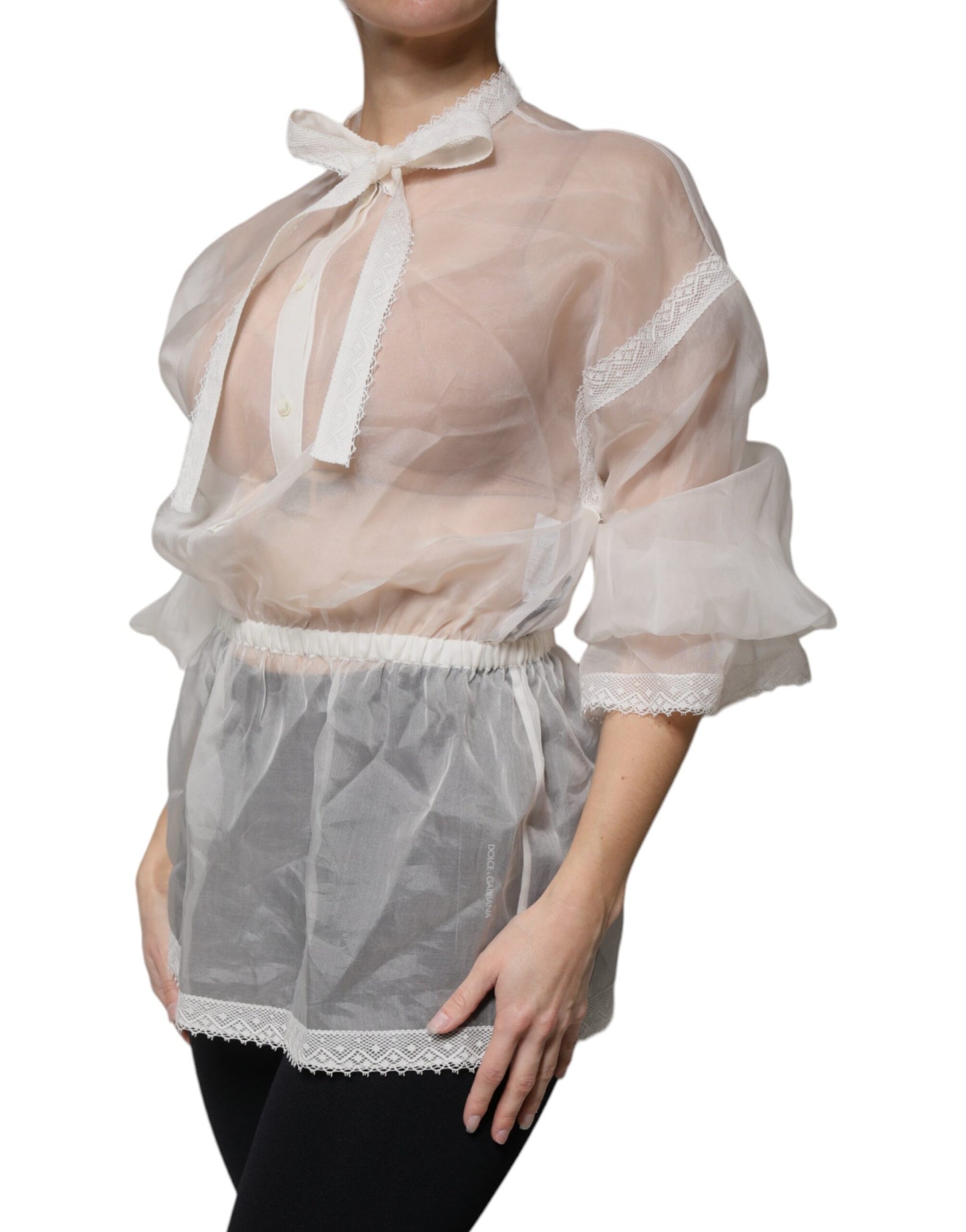 Dolce & Gabbana Weißes Blusentop mit Ascot-Kragen und langen Ärmeln
