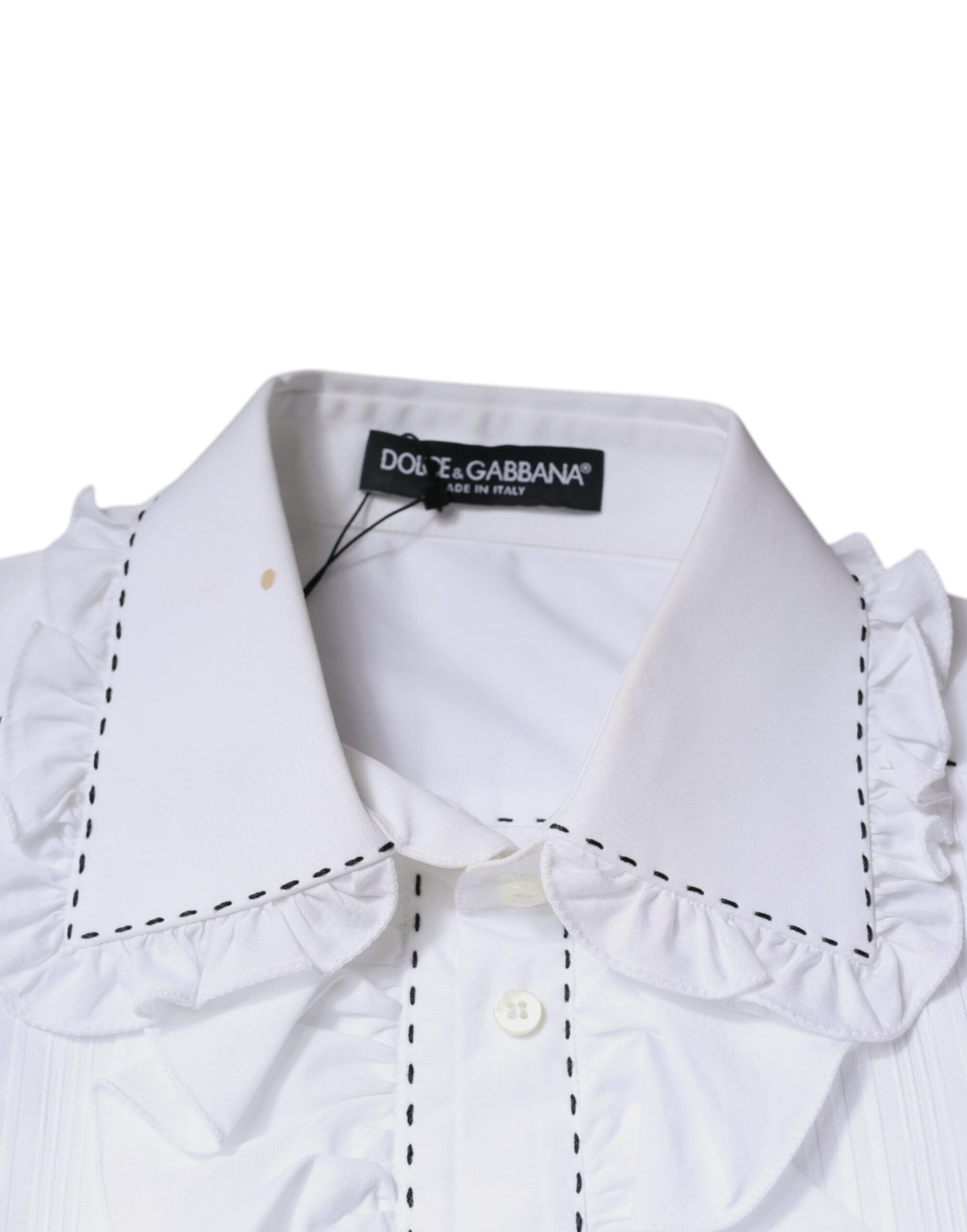 Dolce & Gabbana Weißes Baumwoll-Top mit langen Ärmeln und Rüschenkragen