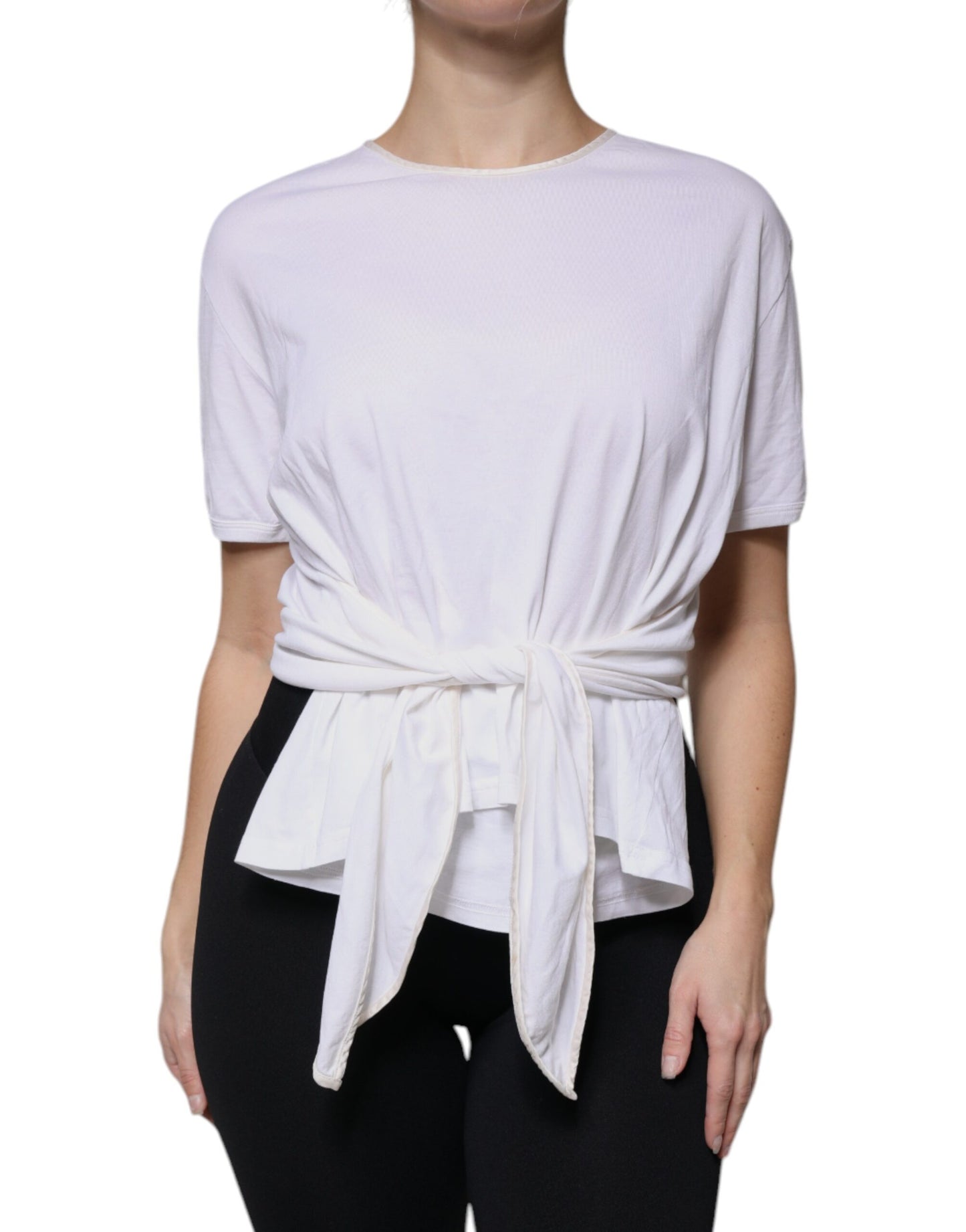 Dolce & Gabbana Weißes Baumwoll-Seiden-Rundhals-Wickelblusen-Top