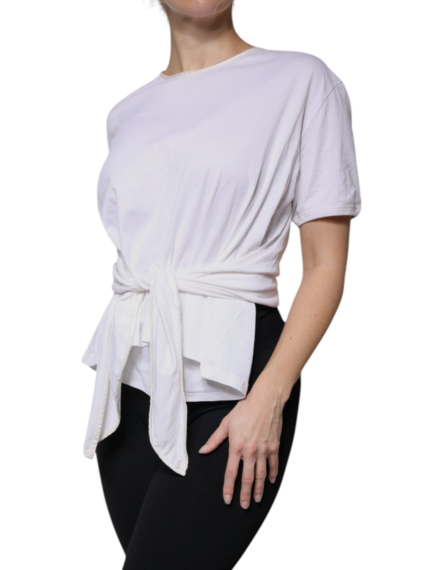 Dolce & Gabbana Weißes Baumwoll-Seiden-Rundhals-Wickelblusen-Top