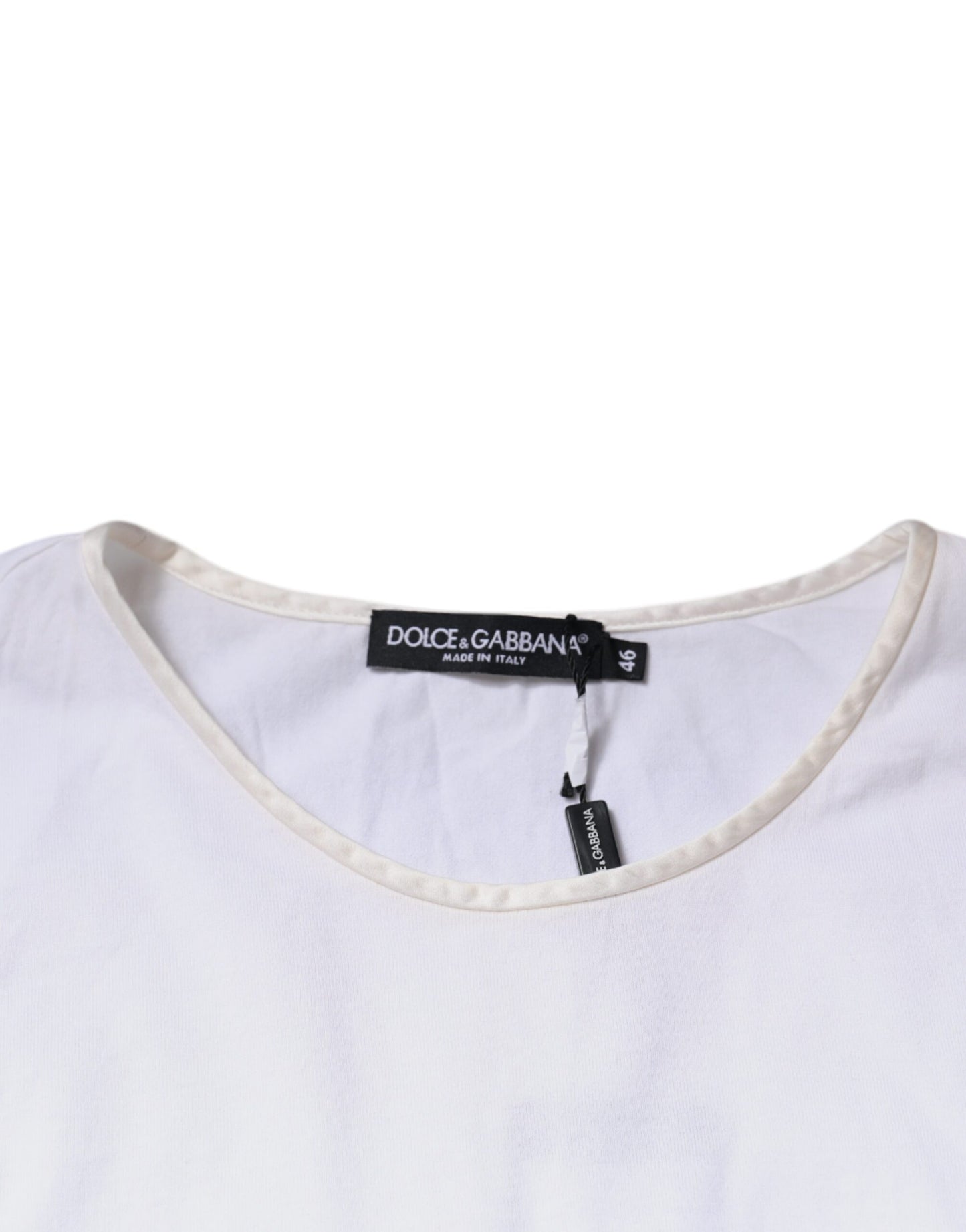 Dolce & Gabbana Weißes Baumwoll-Seiden-Rundhals-Wickelblusen-Top