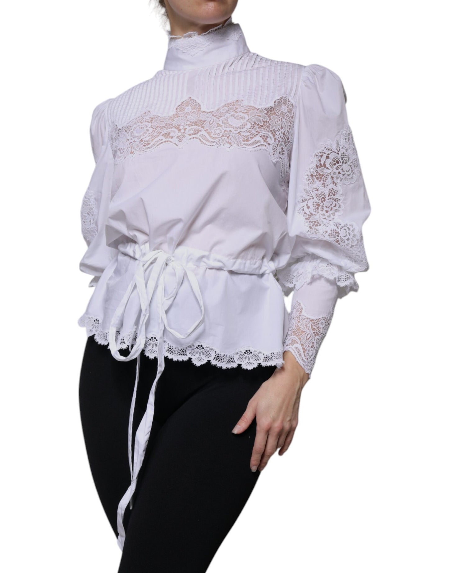 Dolce & Gabbana Weißes Rollkragenblusentop mit Spitzenbesatz aus Baumwolle