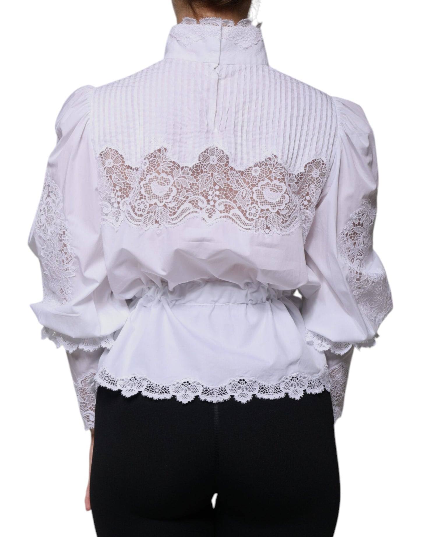 Dolce & Gabbana Weißes Rollkragenblusentop mit Spitzenbesatz aus Baumwolle