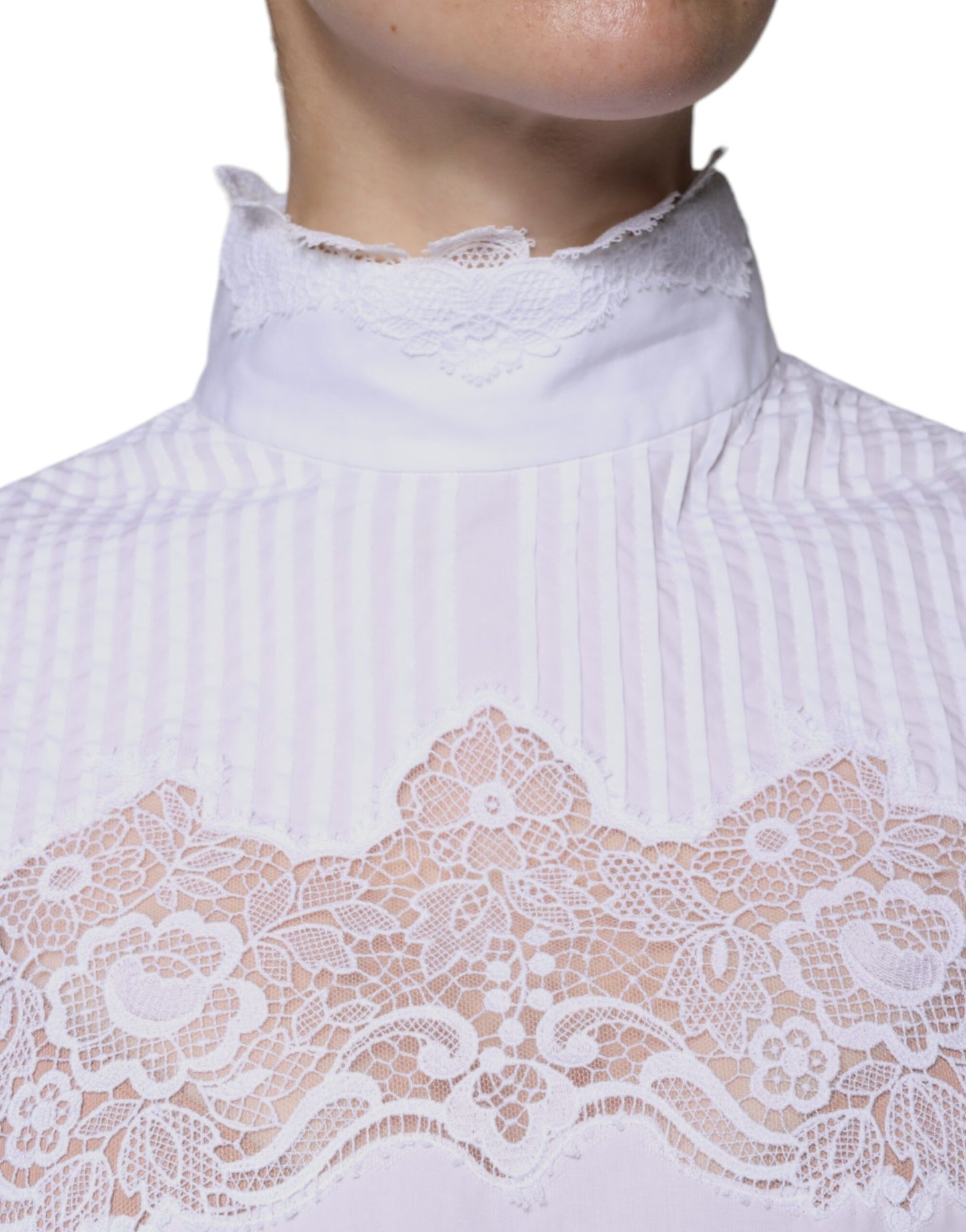 Dolce & Gabbana Weißes Rollkragenblusentop mit Spitzenbesatz aus Baumwolle
