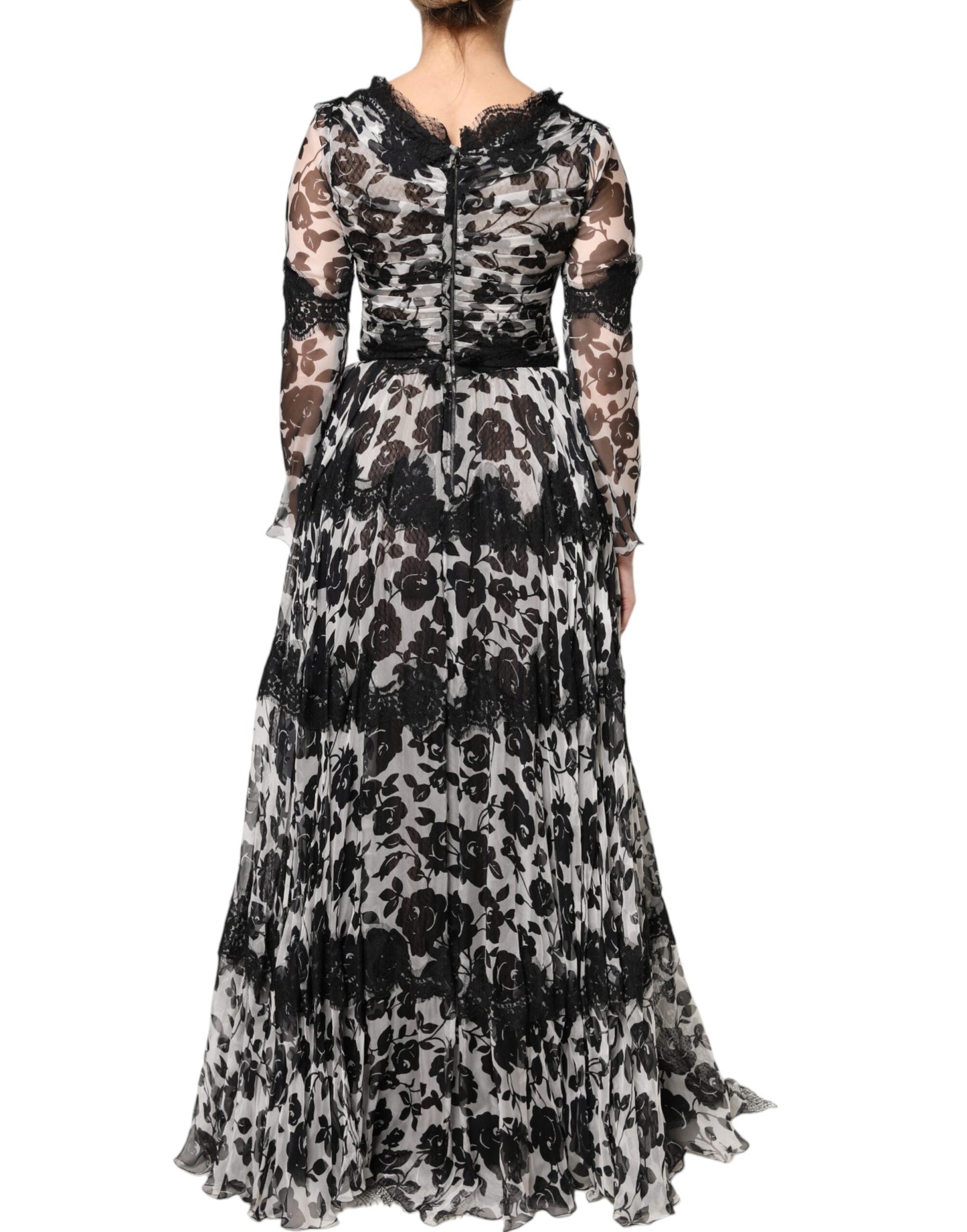 Dolce & Gabbana Schwarzes Maxikleid aus geblümter Seidenspitze Ricamo Ball