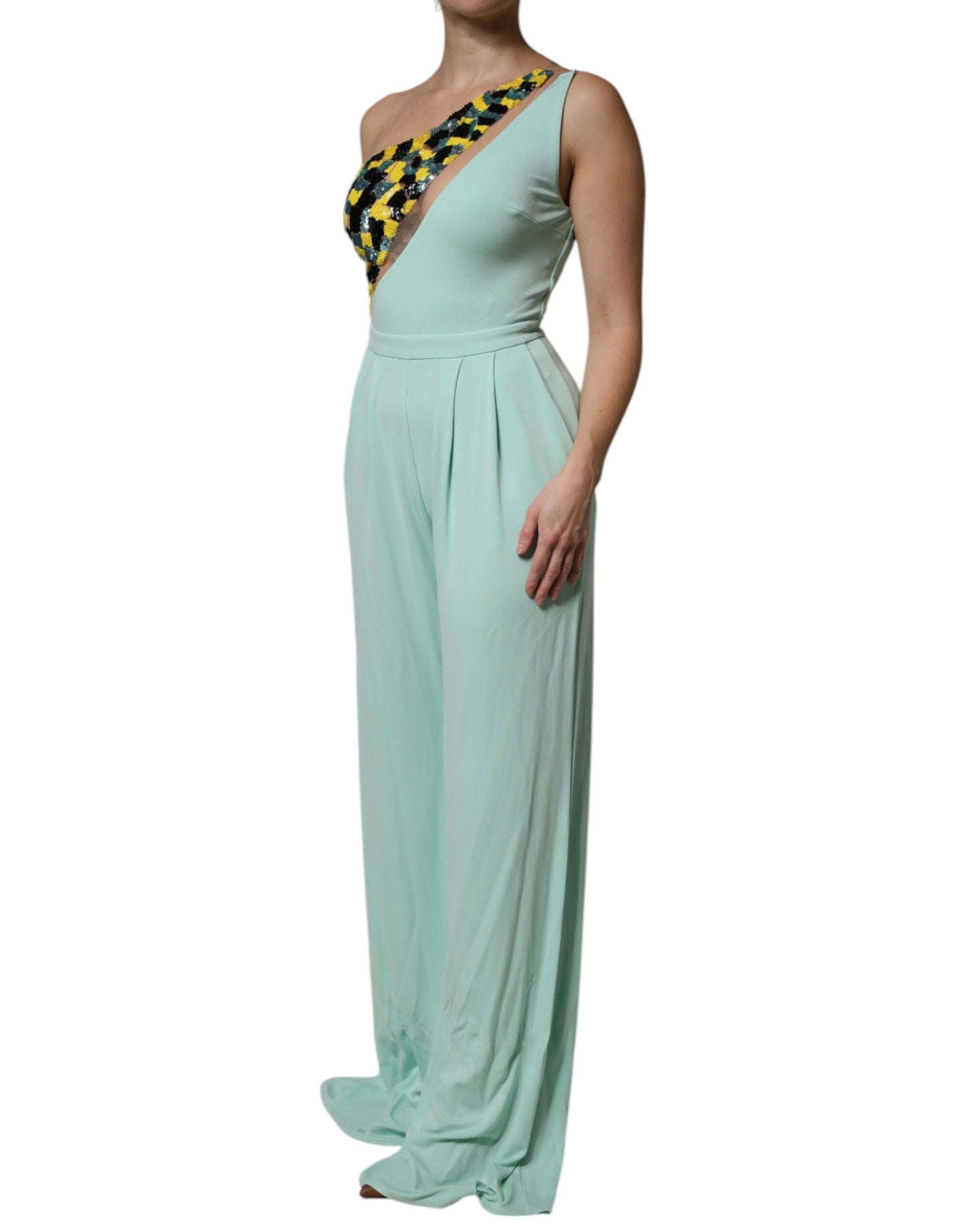 Elisabetta Franchi Mintgrünes langes Ein-Schulter-Jumpsuit-Kleid