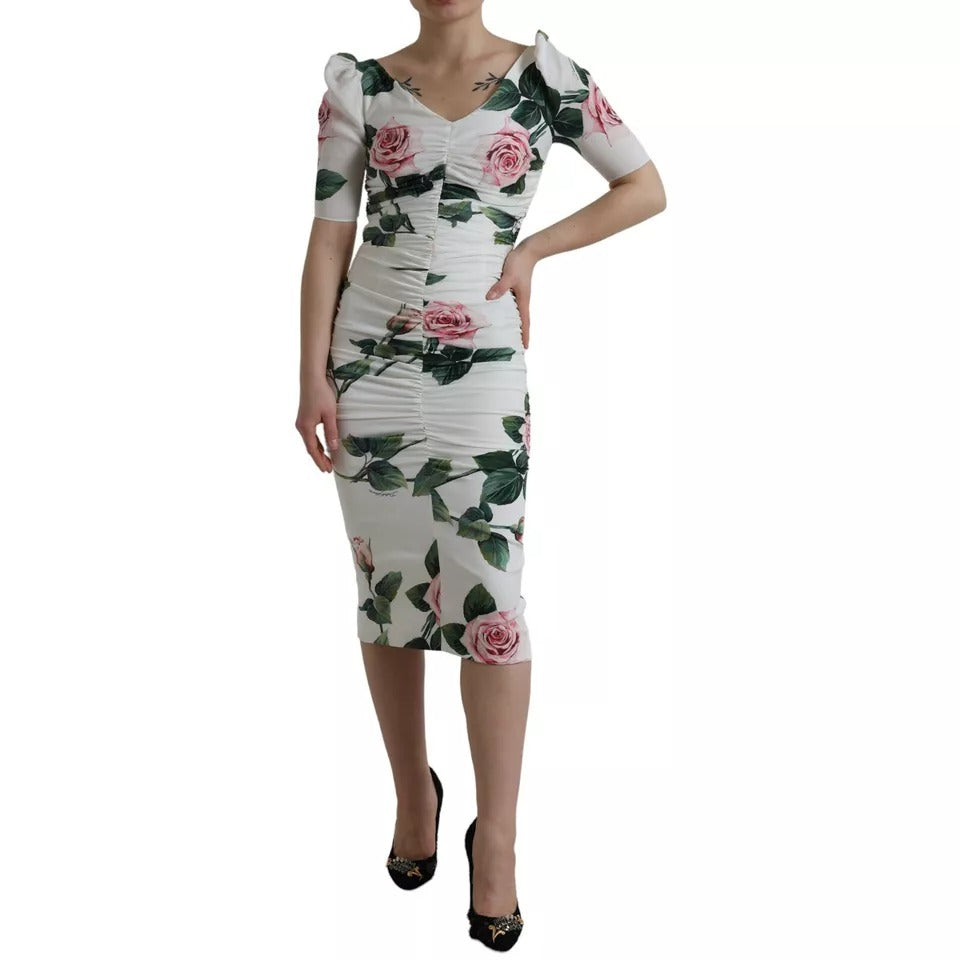 Dolce & Gabbana Weißes Rosendruck Stretch-Seidenkleid mit Plissee