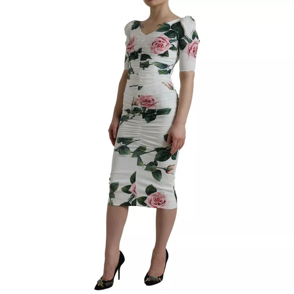 Dolce & Gabbana Weißes Rosendruck Stretch-Seidenkleid mit Plissee