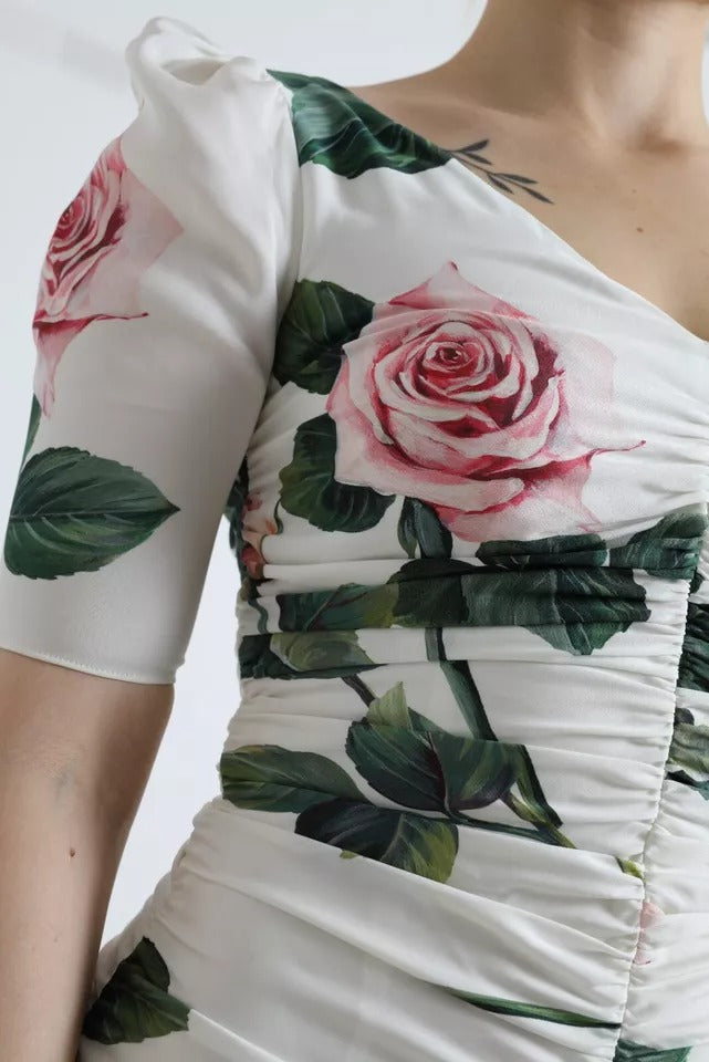 Dolce & Gabbana Weißes Rosendruck Stretch-Seidenkleid mit Plissee