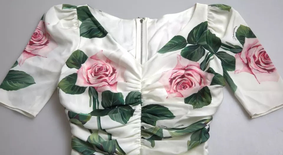 Dolce & Gabbana Weißes Rosendruck Stretch-Seidenkleid mit Plissee