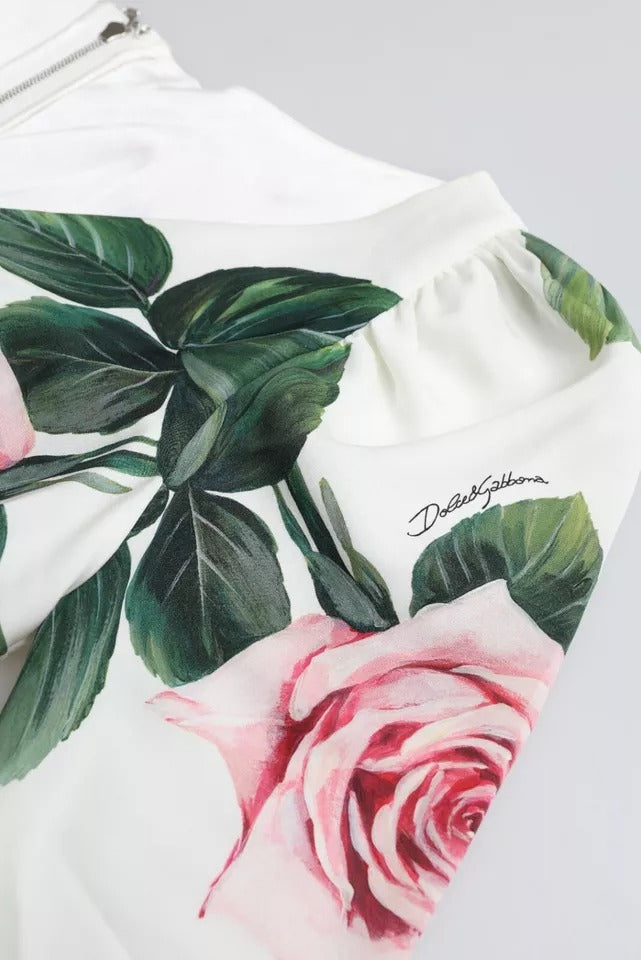 Dolce & Gabbana Weißes Rosendruck Stretch-Seidenkleid mit Plissee