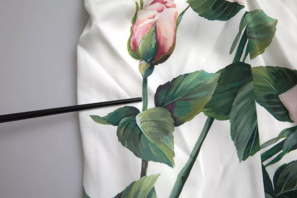 Dolce & Gabbana Weißes Rosendruck Stretch-Seidenkleid mit Plissee