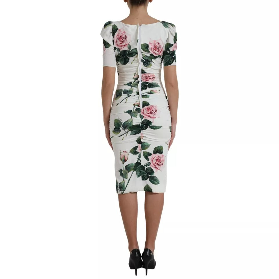 Dolce & Gabbana Weißes Rosendruck Stretch-Seidenkleid mit Plissee