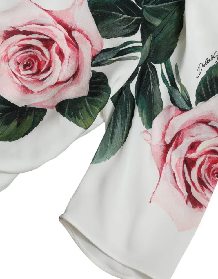 Dolce & Gabbana Weißes Rosendruck Stretch-Seidenkleid mit Plissee