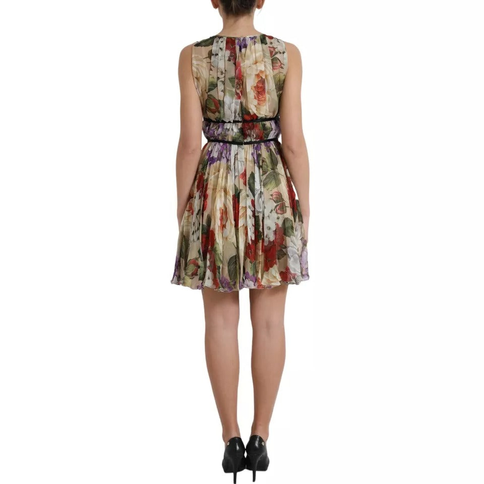 Dolce & Gabbana Beigefarbenes ärmelloses Minikleid in A-Linie mit Blumenmuster