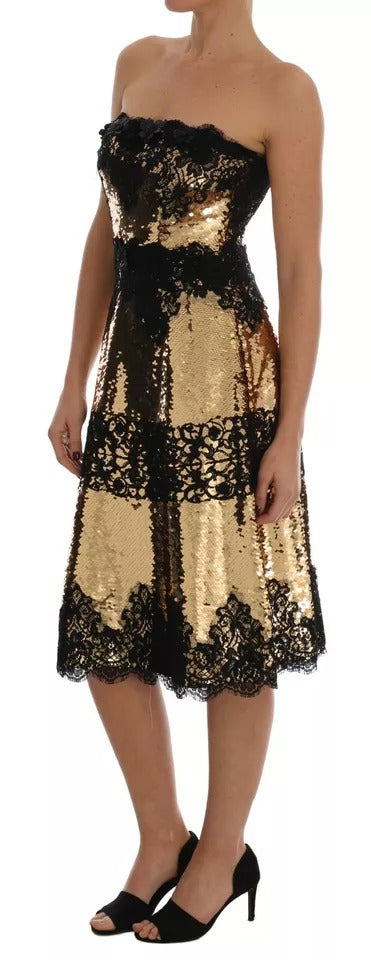 Dolce & Gabbana Goldfarbenes trägerloses Kleid aus paillettenbesetzter Spitze