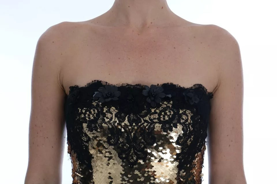 Dolce & Gabbana Goldfarbenes trägerloses Kleid aus paillettenbesetzter Spitze