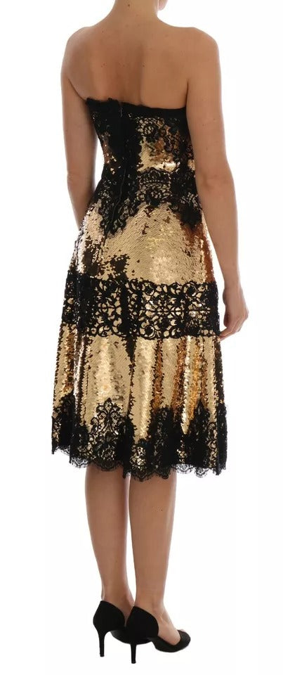 Dolce & Gabbana Goldfarbenes trägerloses Kleid aus paillettenbesetzter Spitze