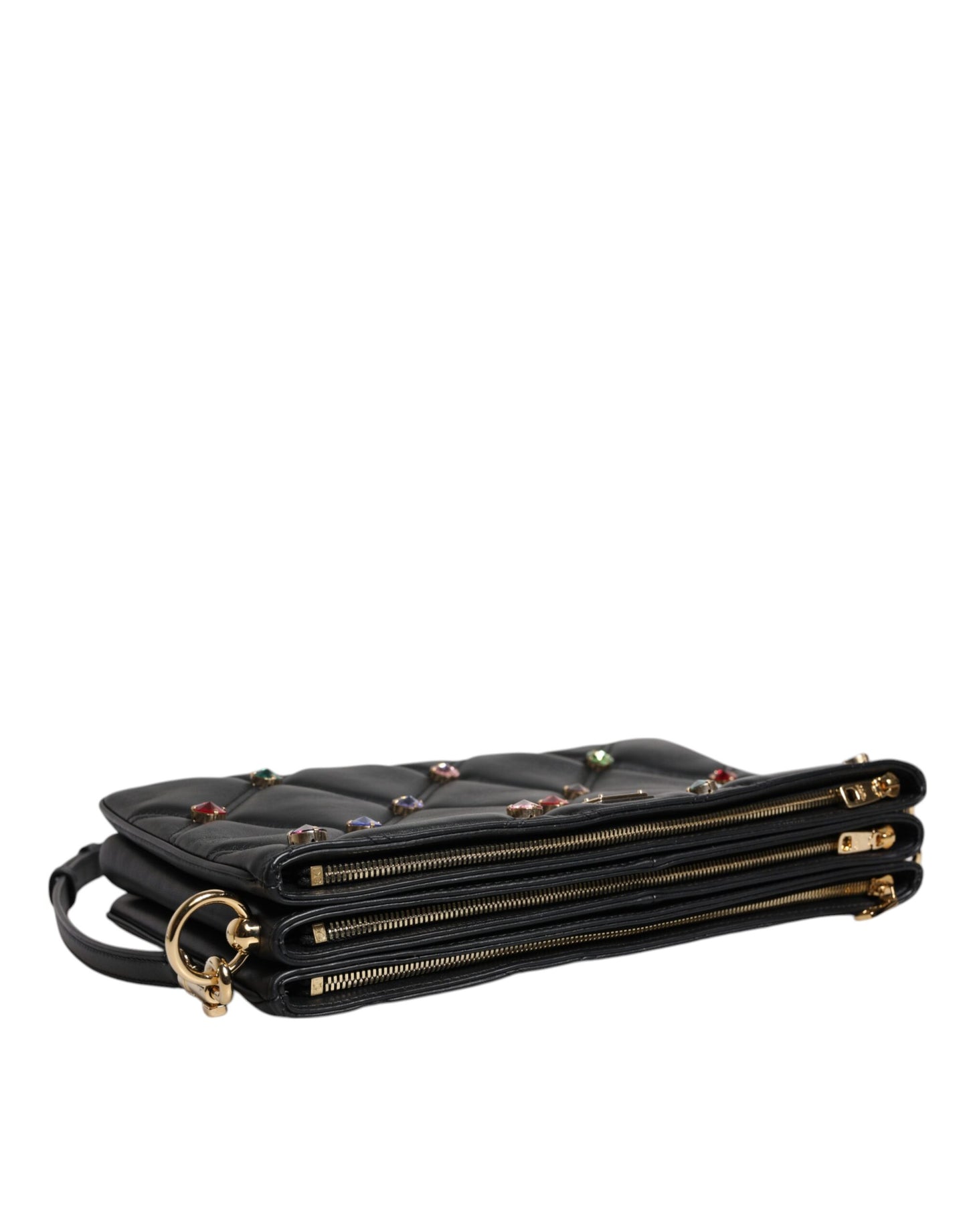 Dolce & Gabbana Schwarze Leder-Umhängetasche mit kristallbesetztem Logo