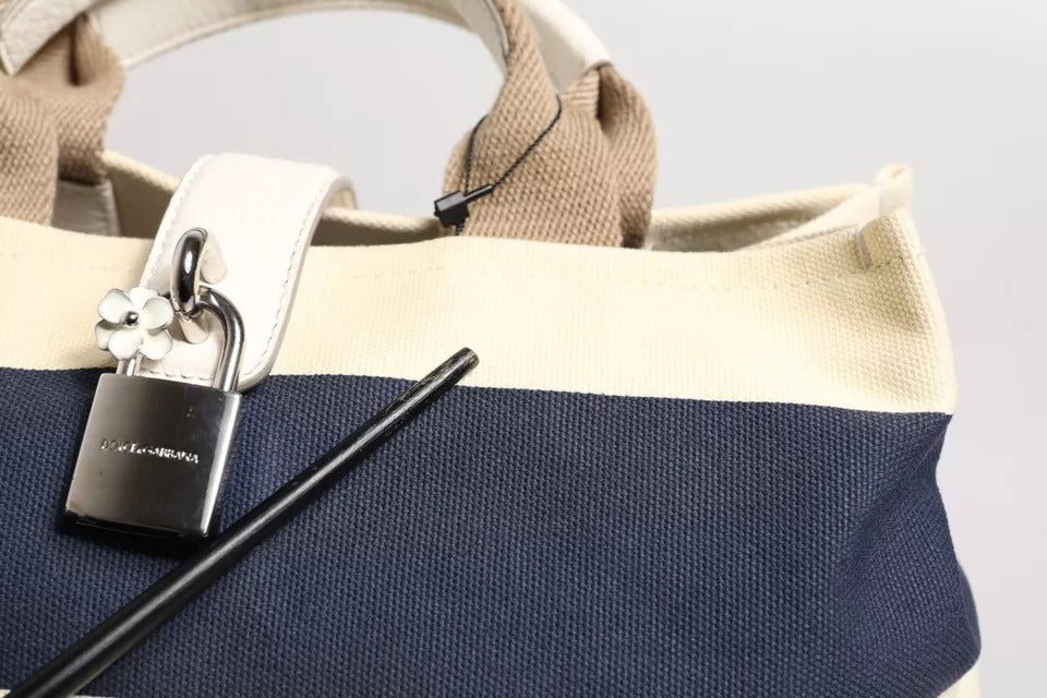 Dolce & Gabbana Weiß-Marine gestreifte Tote Tasche aus Segeltuch mit Tragegriff