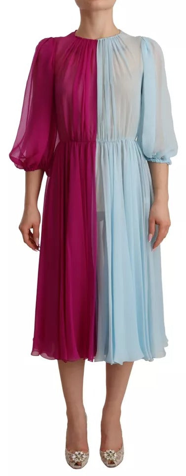 Dolce & Gabbana Fuchsia Hellblaues zweifarbiges Midikleid aus Seide