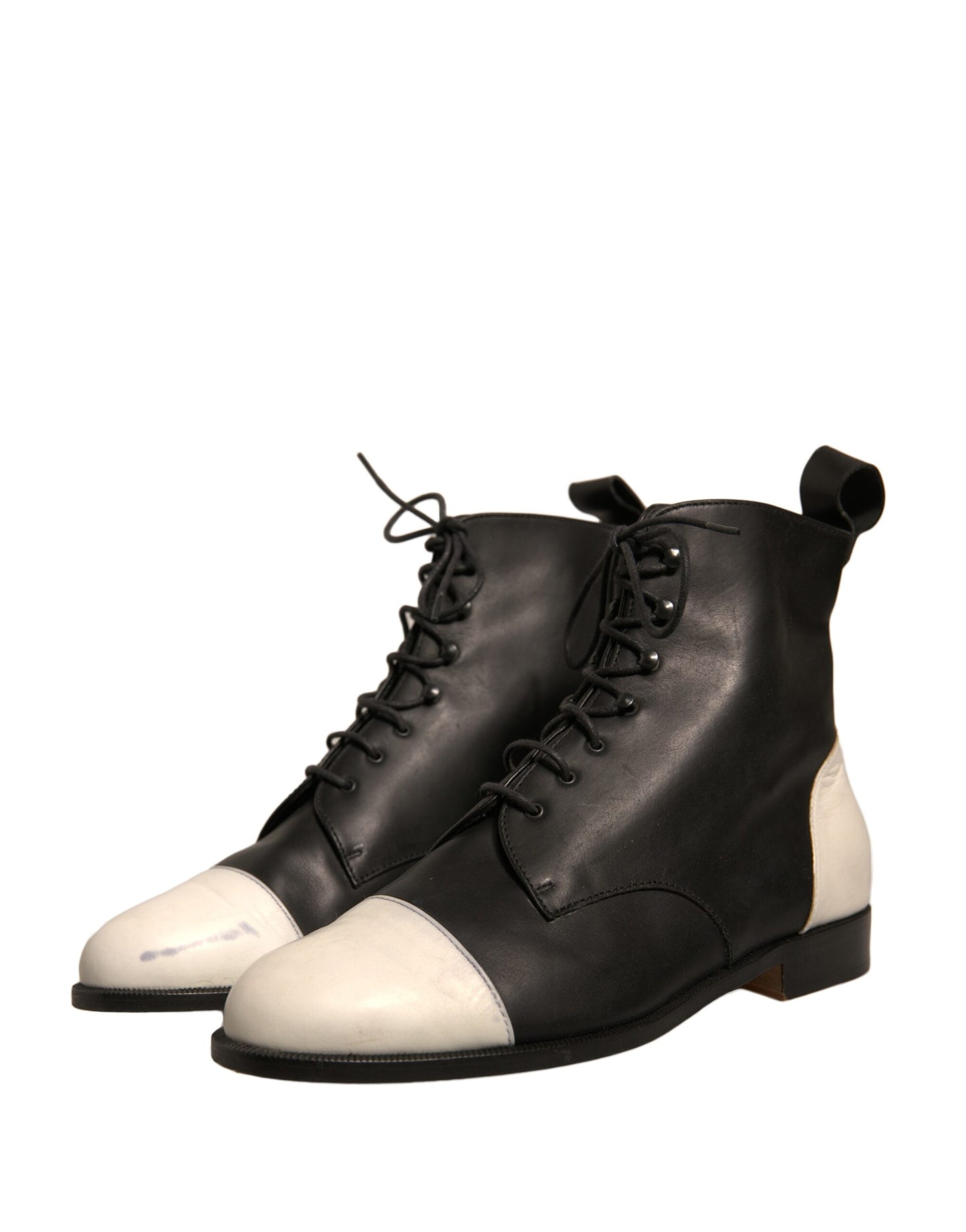 Sergio Rossi Schwarz Weiß Leder Lace Up Flats Ankle Boots Schuhe