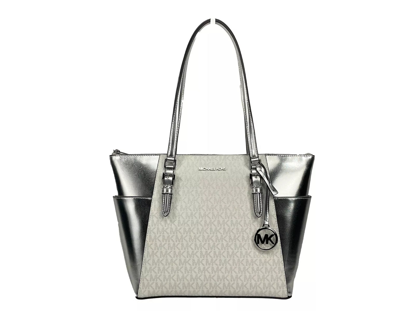 Michael Kors Charlotte Large Leder Top Zip Tote Bag Geldbörse Silber