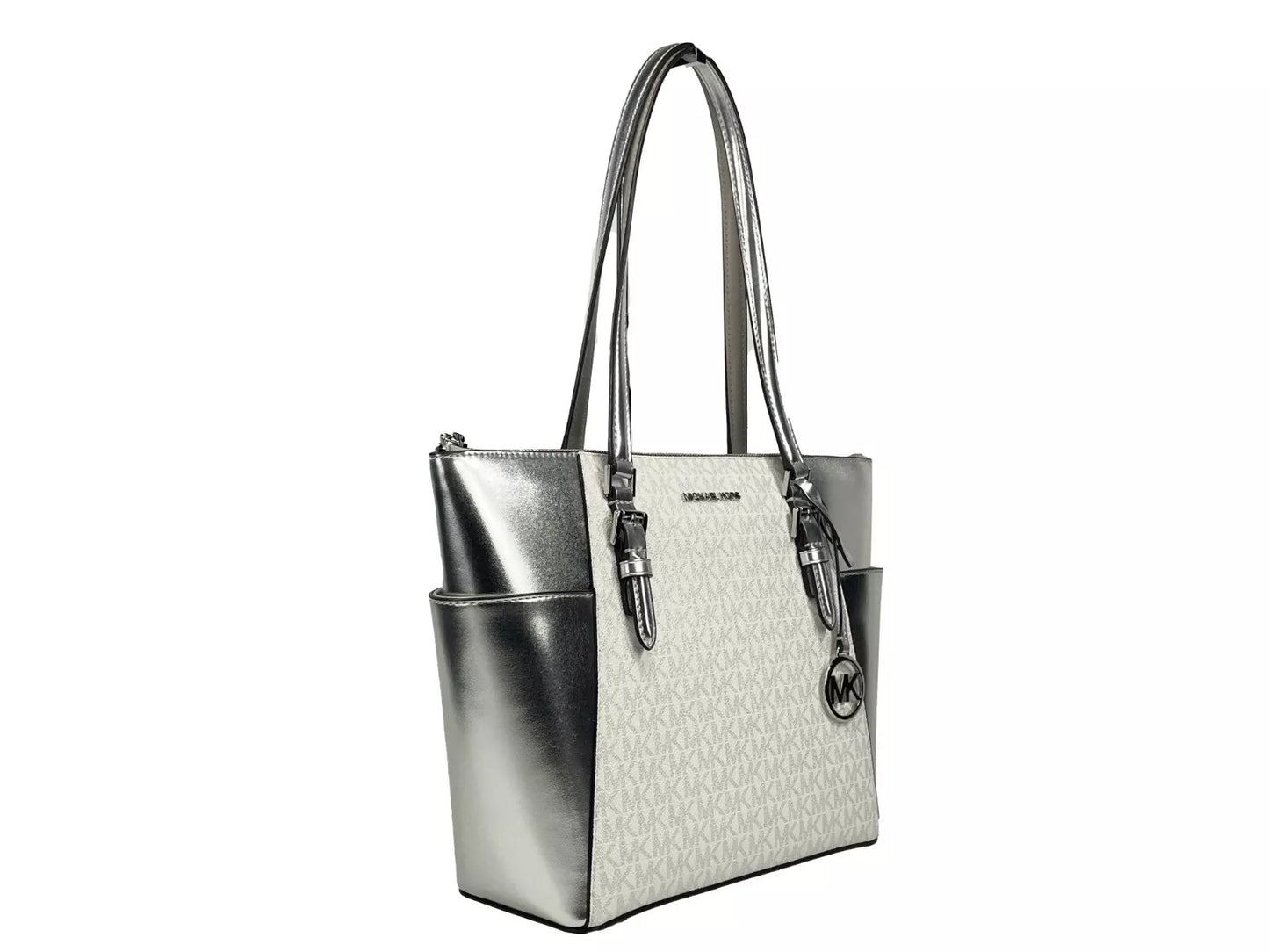 Michael Kors Charlotte Large Leder Top Zip Tote Bag Geldbörse Silber