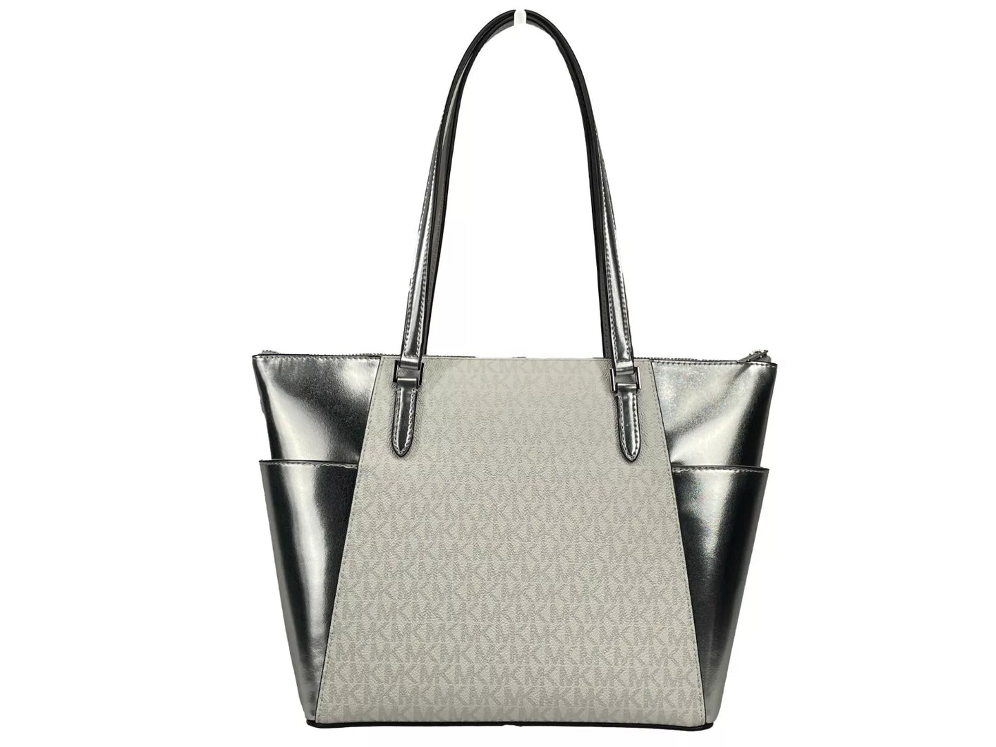 Michael Kors Charlotte Large Leder Top Zip Tote Bag Geldbörse Silber