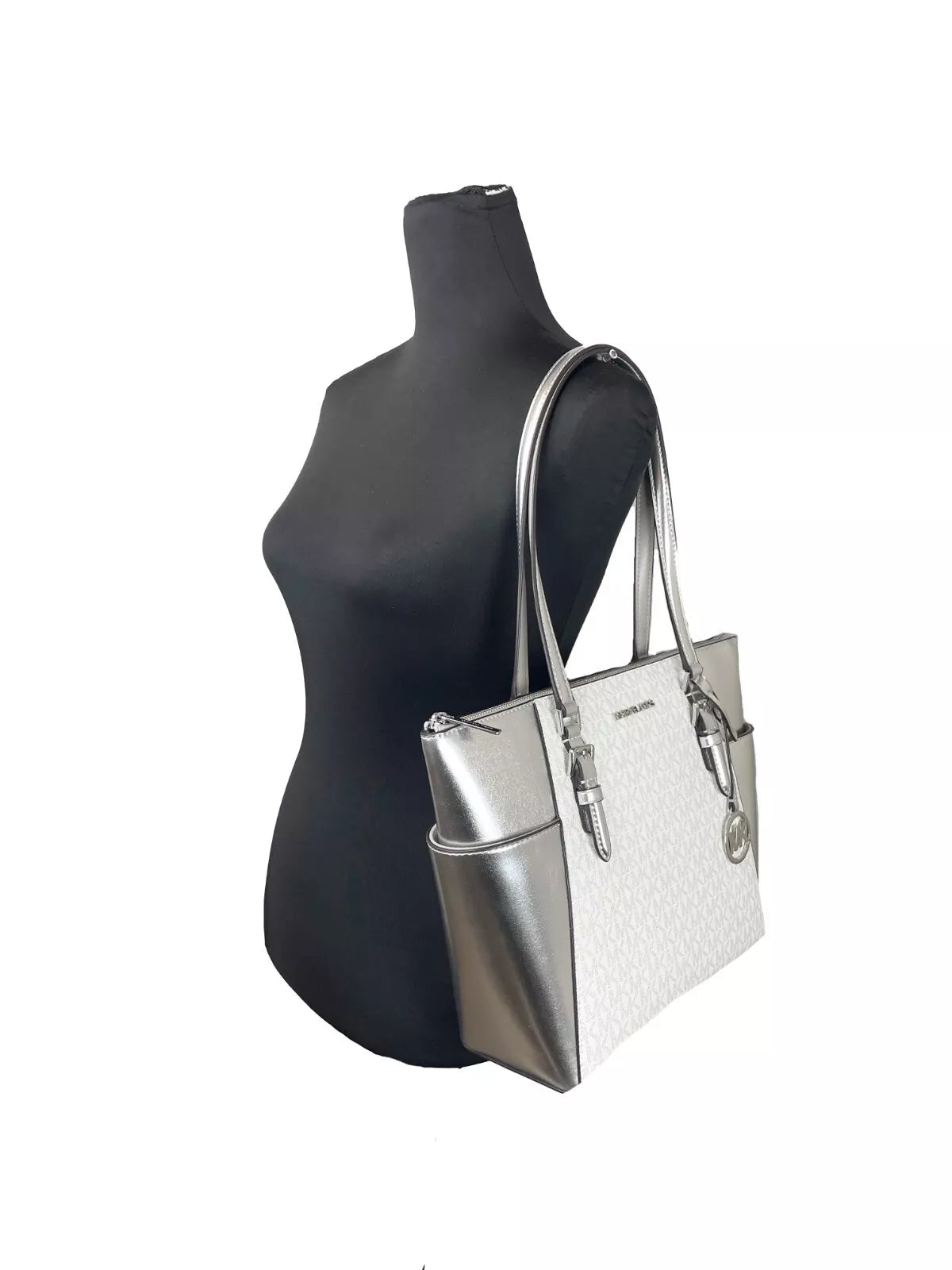 Michael Kors Charlotte Large Leder Top Zip Tote Bag Geldbörse Silber