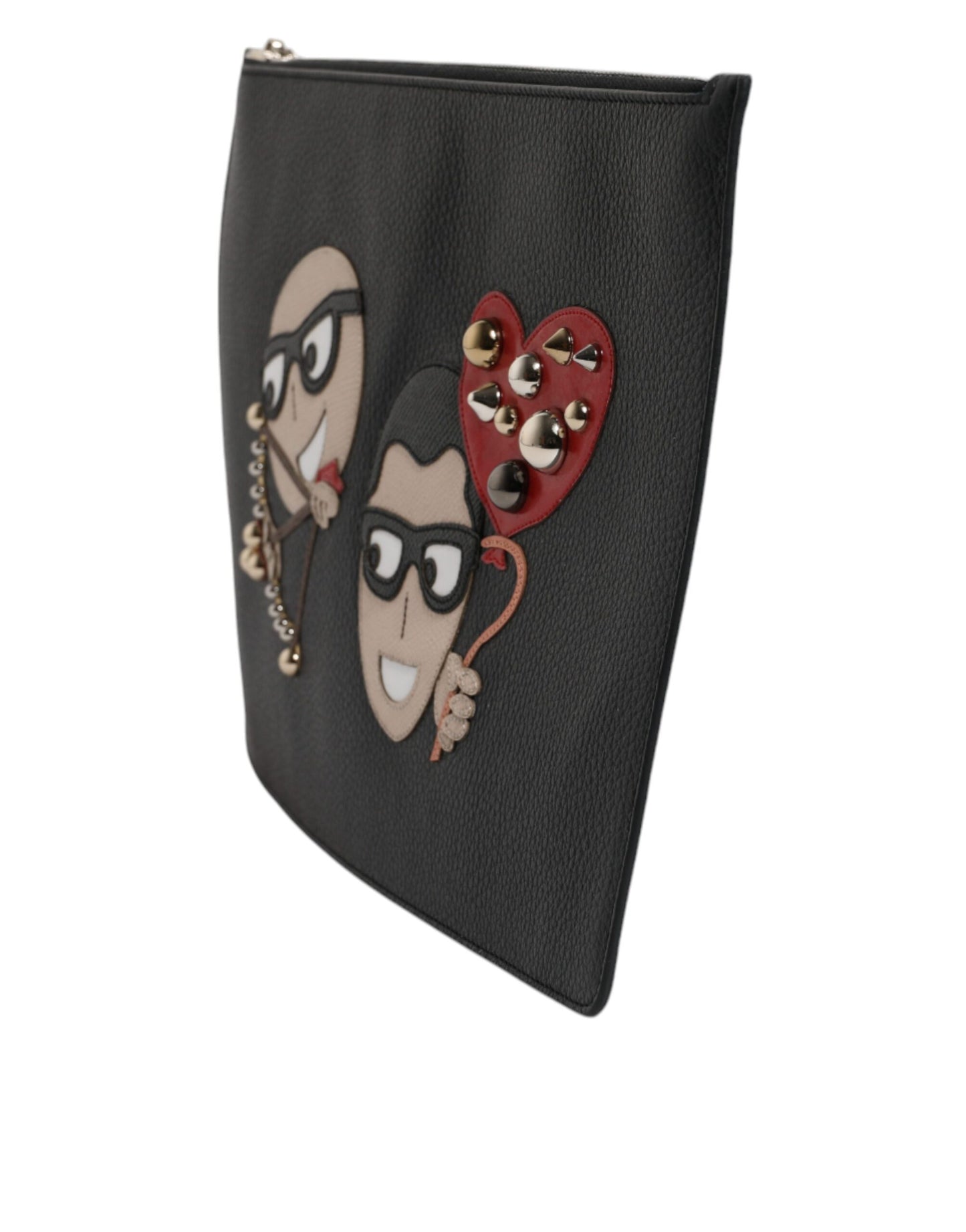 Dolce & Gabbana Schwarzes Leder #DGFAMILY verschönert Männer Zip Pouch Tasche