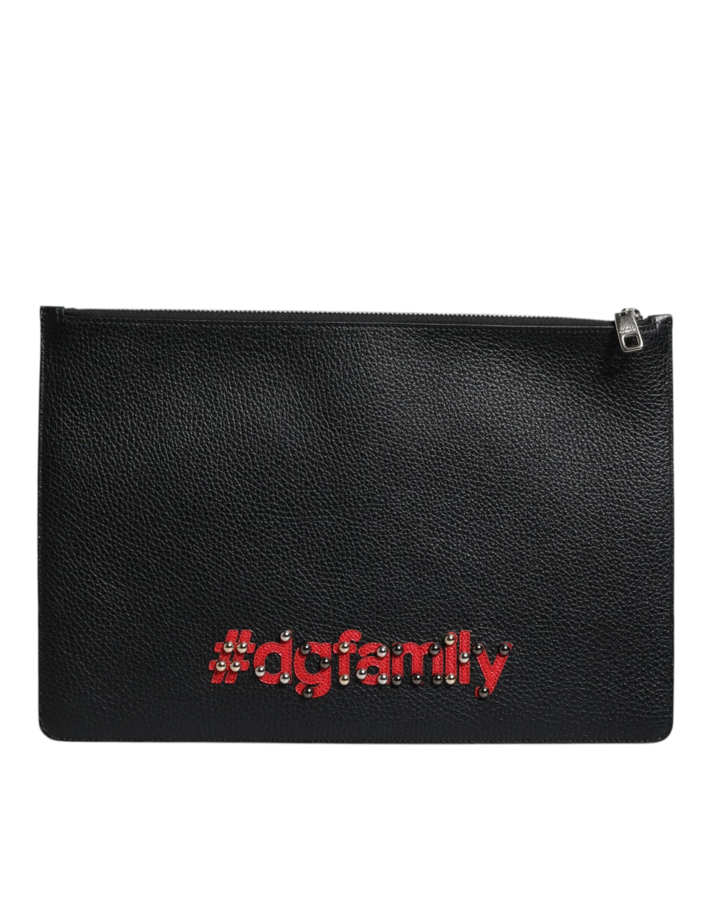 Dolce & Gabbana Schwarzes Leder #DGFAMILY verschönert Männer Zip Pouch Tasche