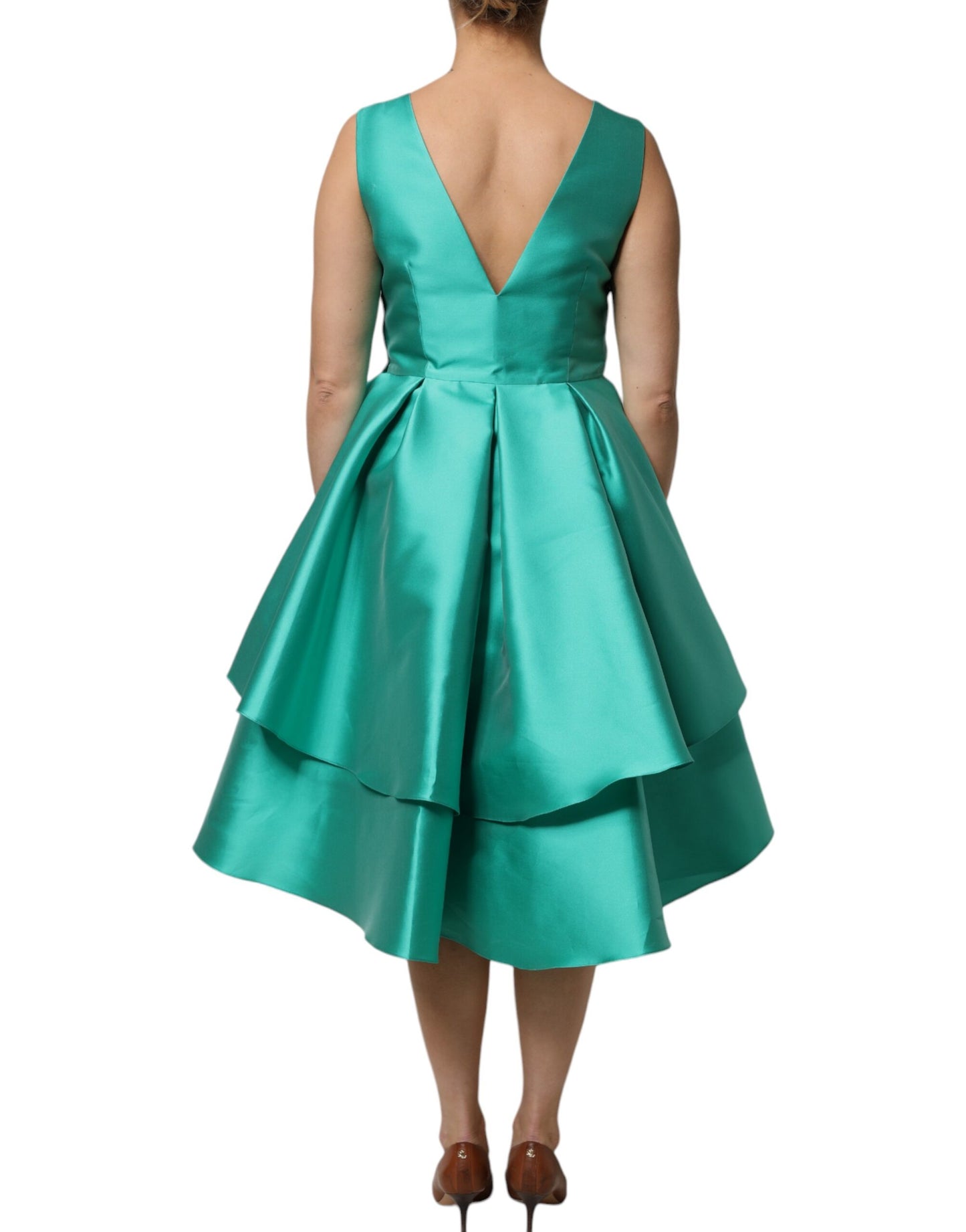 Alberta Ferretti Grünes Satin Polyester ärmelloses Kleid mit V-Ausschnitt in Schichten