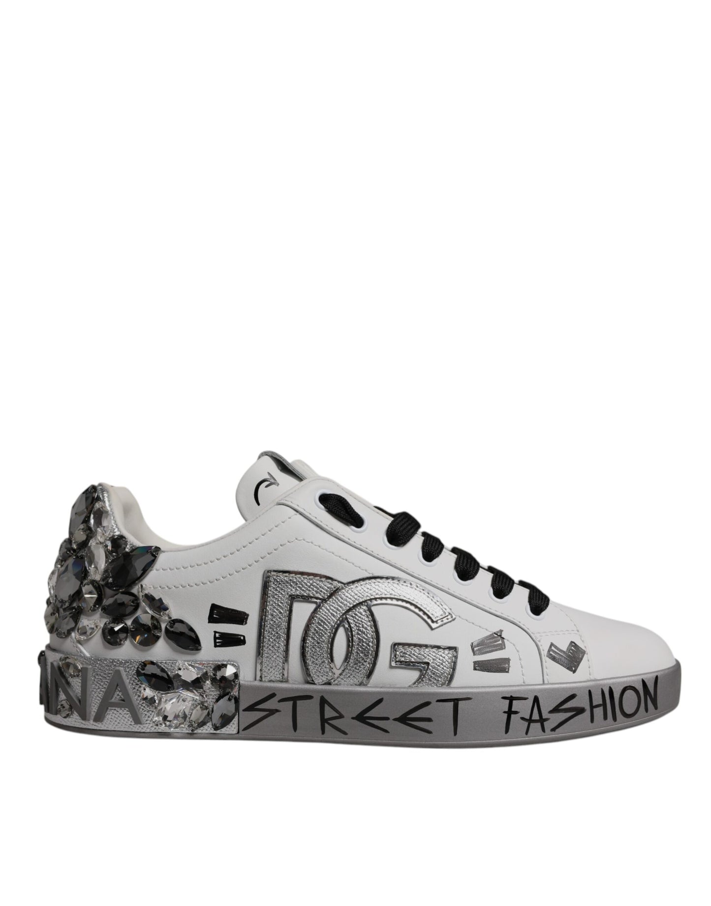 Dolce & Gabbana Weiß Silber Kristall Logo Portofino Turnschuhe Schuhe