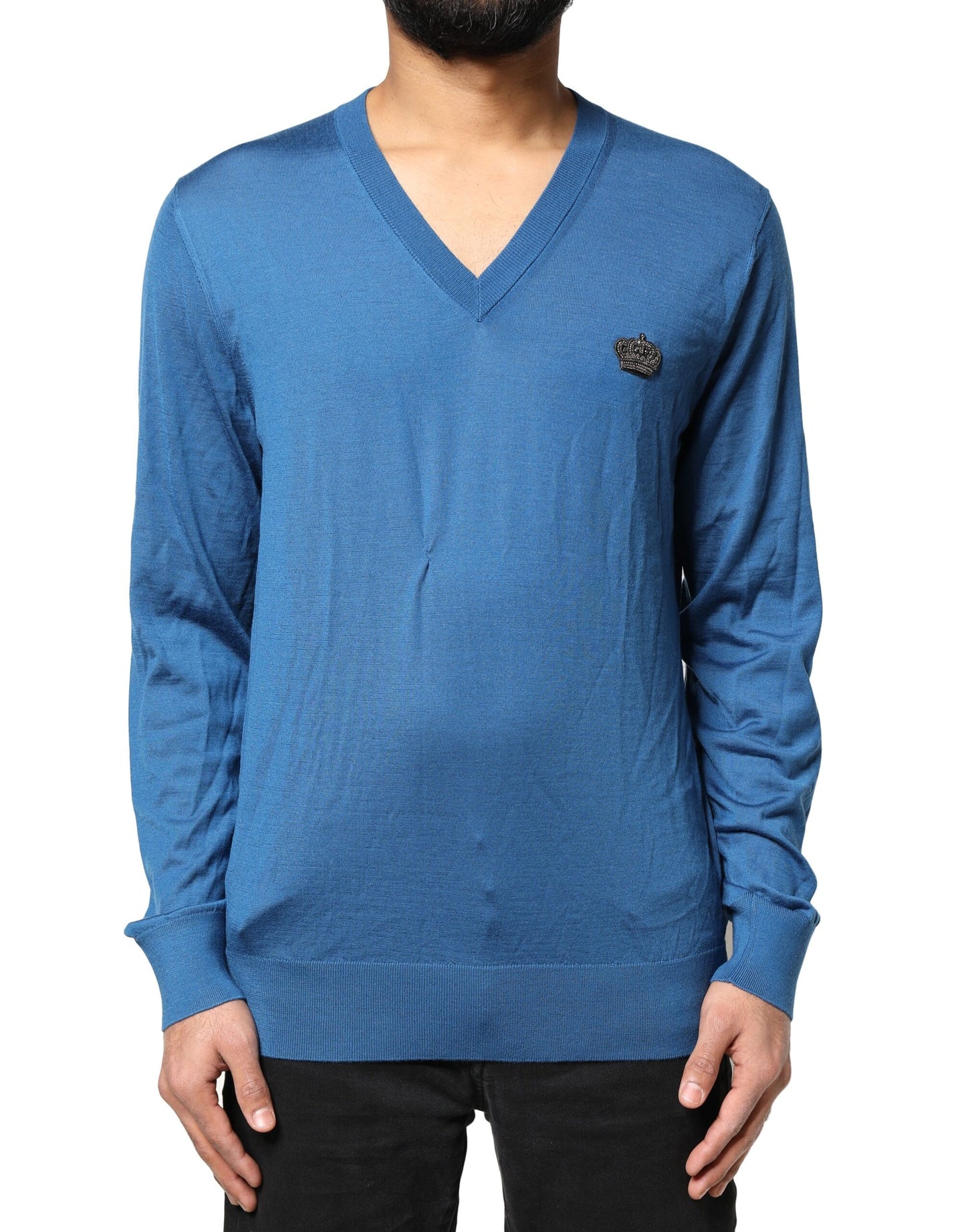 Dolce & Gabbana Blauer Kaschmir-Pullover mit V-Ausschnitt und Krone
