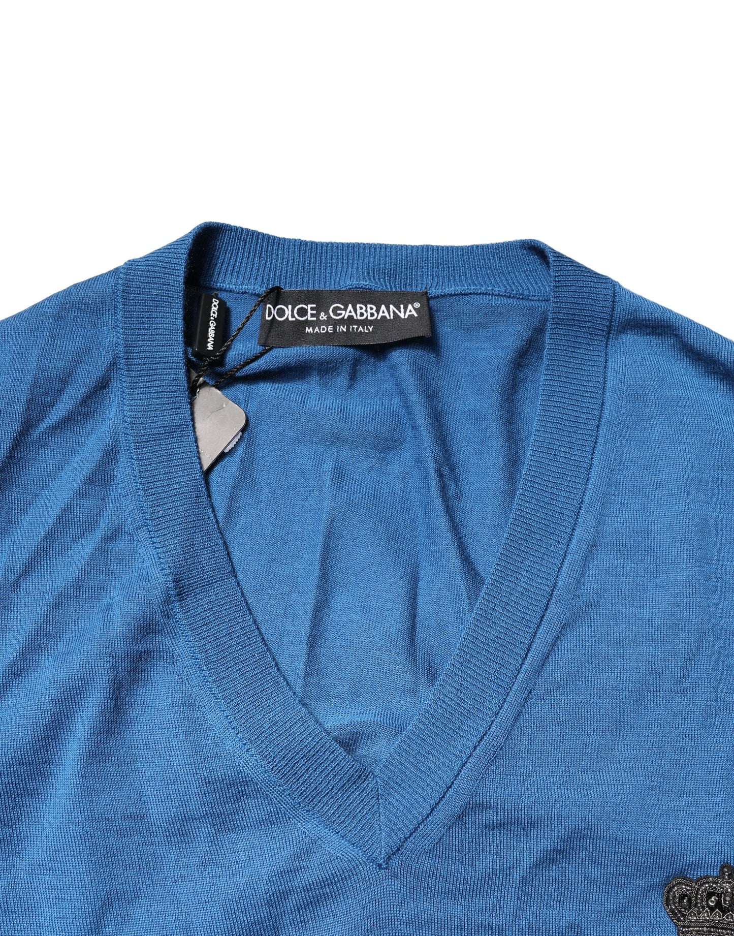 Dolce & Gabbana Blauer Kaschmir-Pullover mit V-Ausschnitt und Krone