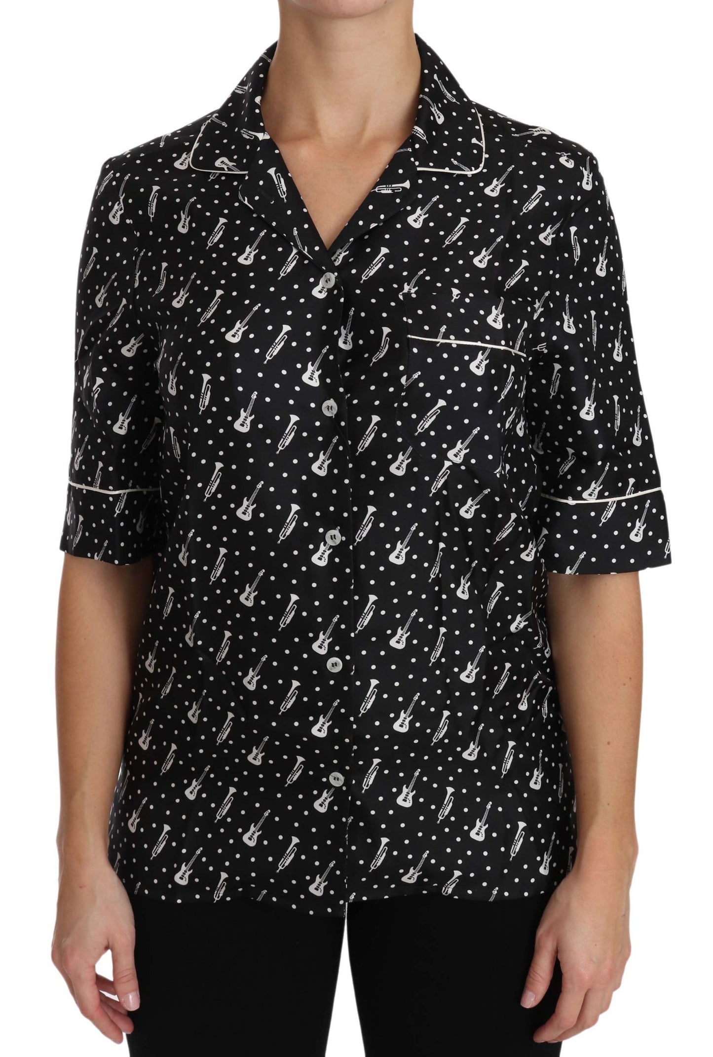 Dolce & Gabbana Schwarzes Seidenhemd mit Gitarren-Trompetendruck
