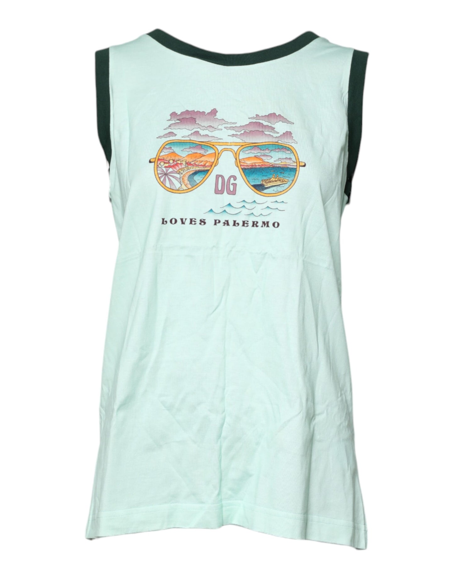 Dolce & Gabbana Hellgrünes ärmelloses Tank-T-Shirt mit Grafikdruck