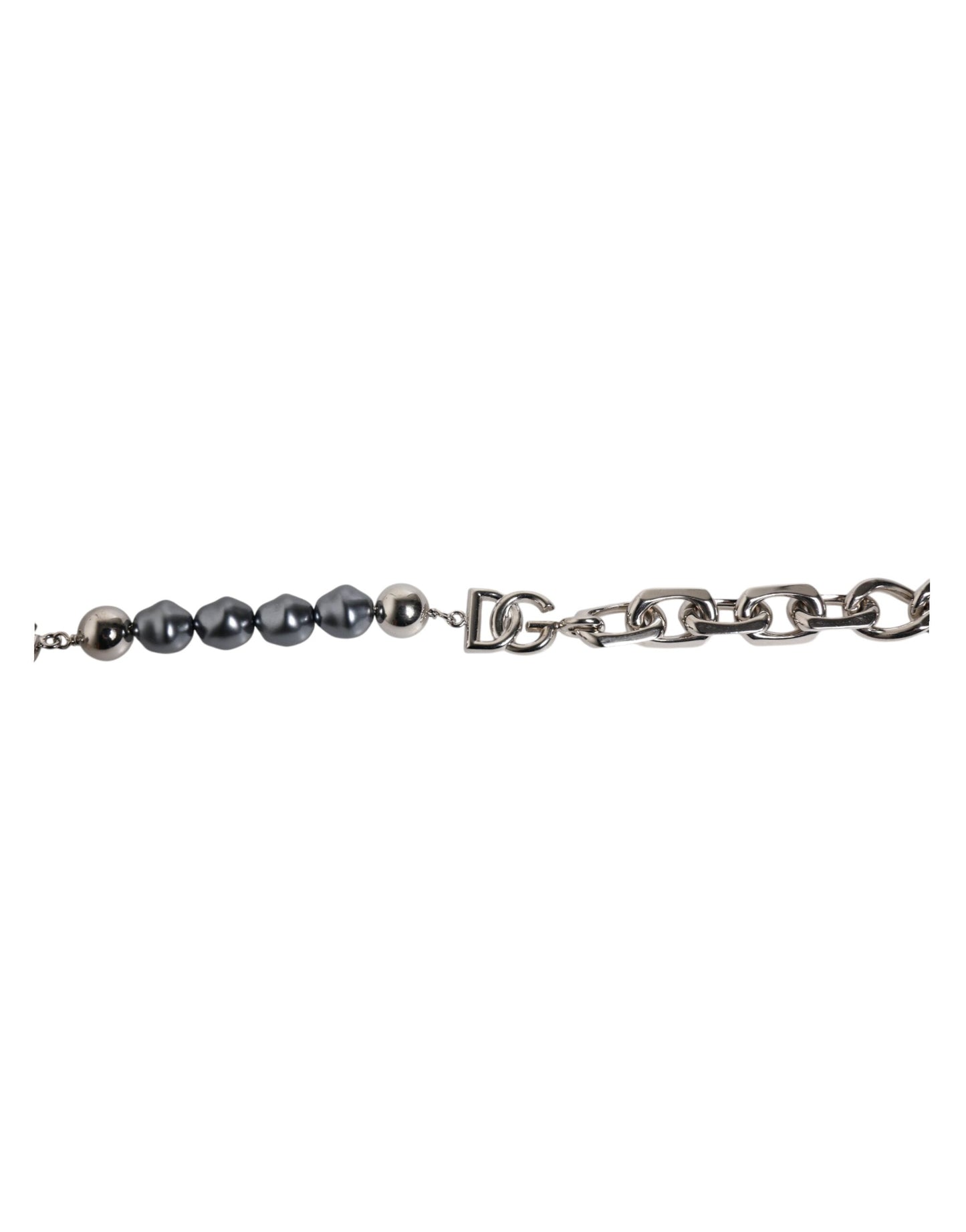 Dolce & Gabbana Silberfarbene Kette Karabinerverschluss Logo Graue Perlen Armband