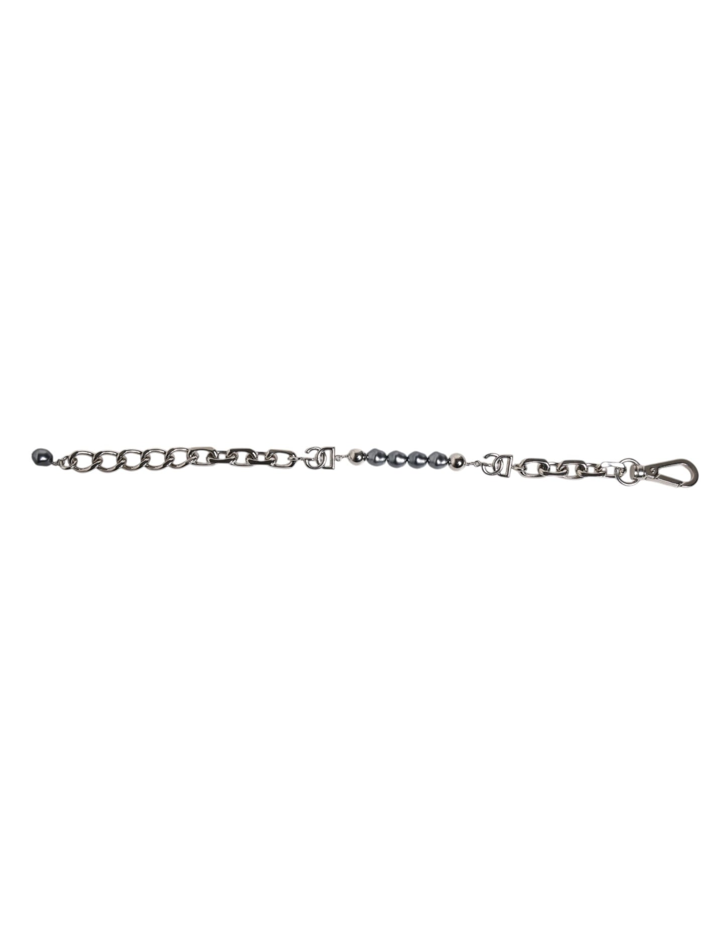 Dolce & Gabbana Silberfarbene Kette Karabinerverschluss Logo Graue Perlen Armband