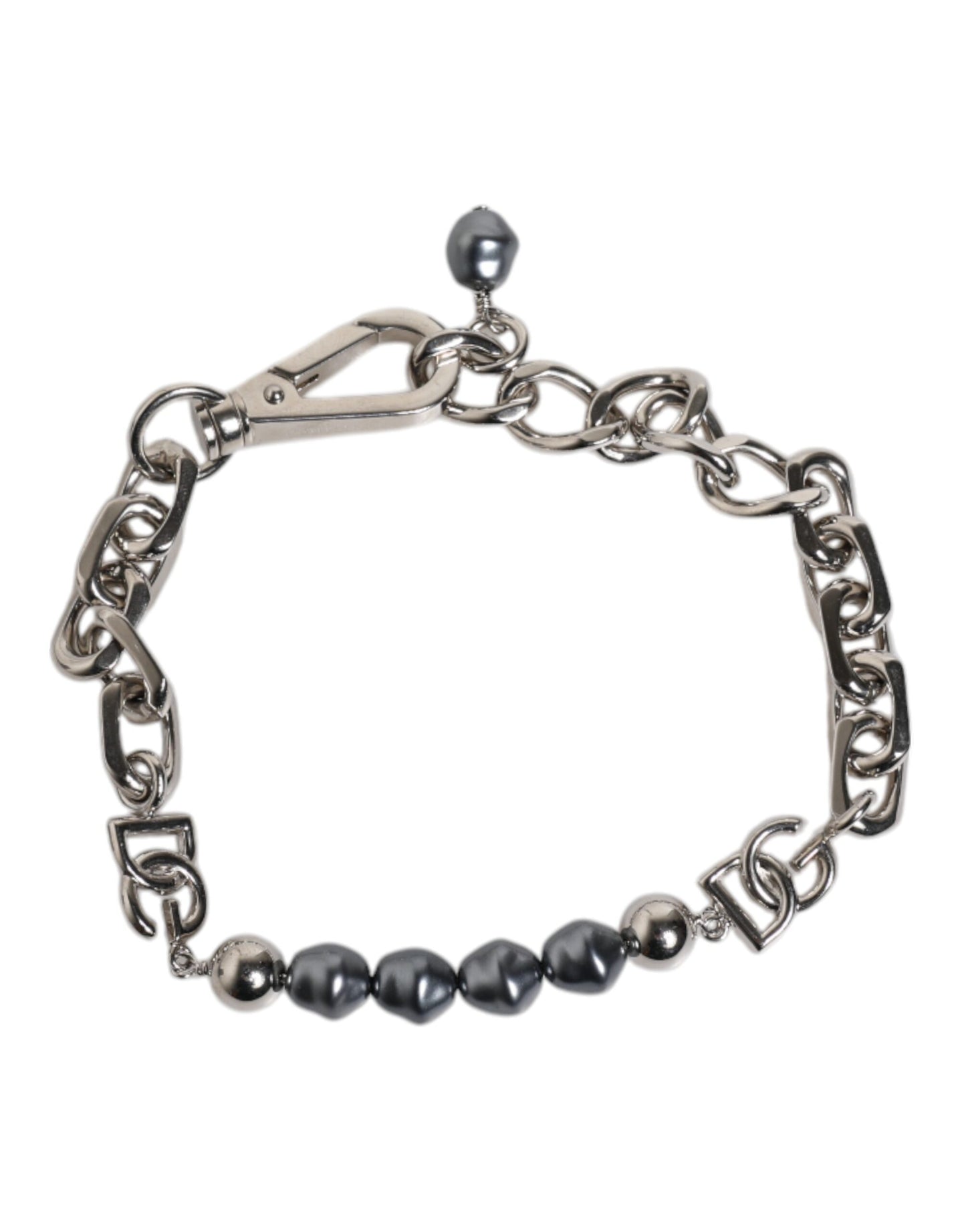 Dolce & Gabbana Silberfarbene Kette Karabinerverschluss Logo Graue Perlen Armband