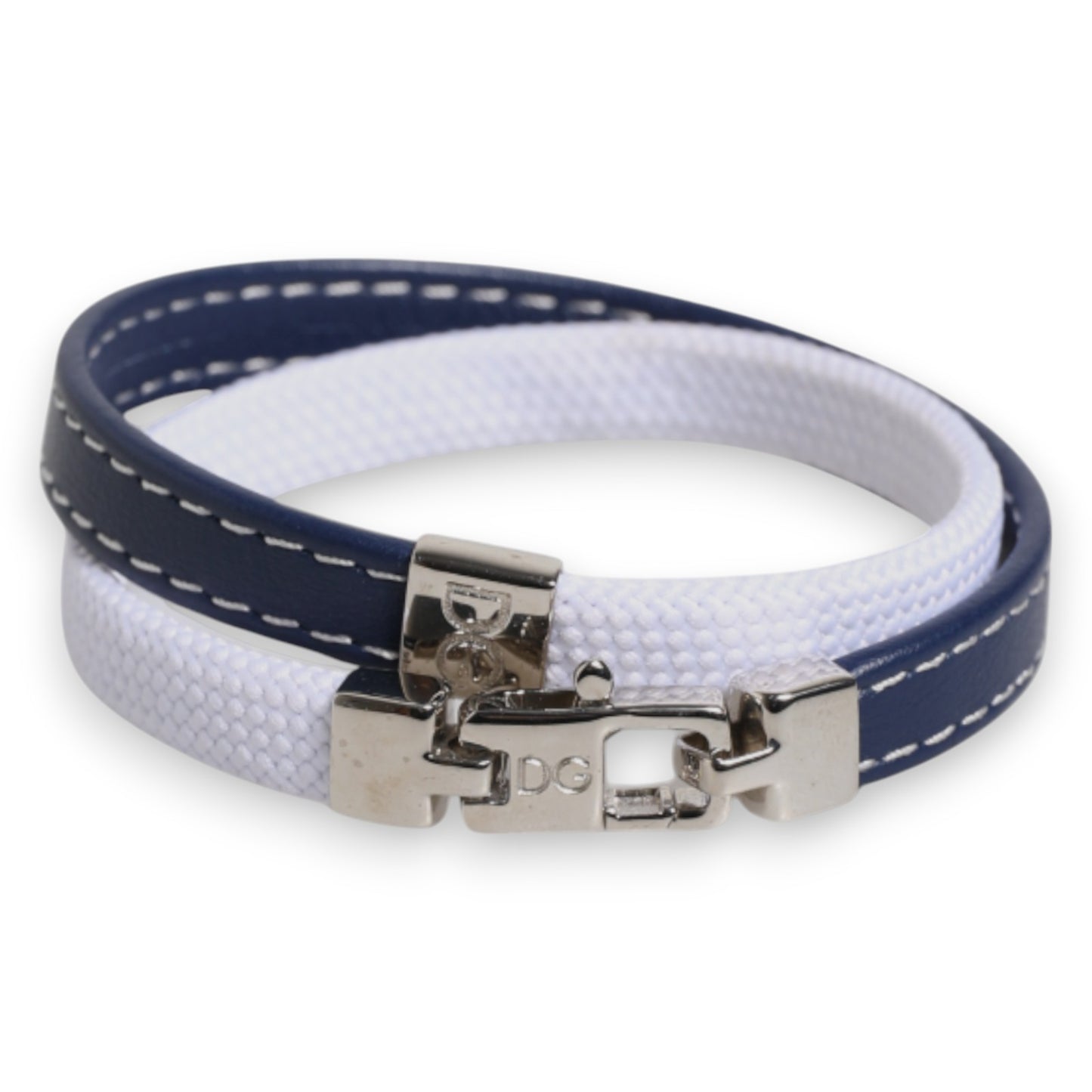 Dolce & Gabbana Blau Weißes Leder mit DG Gravur Silberfarbener Verschluss Armband