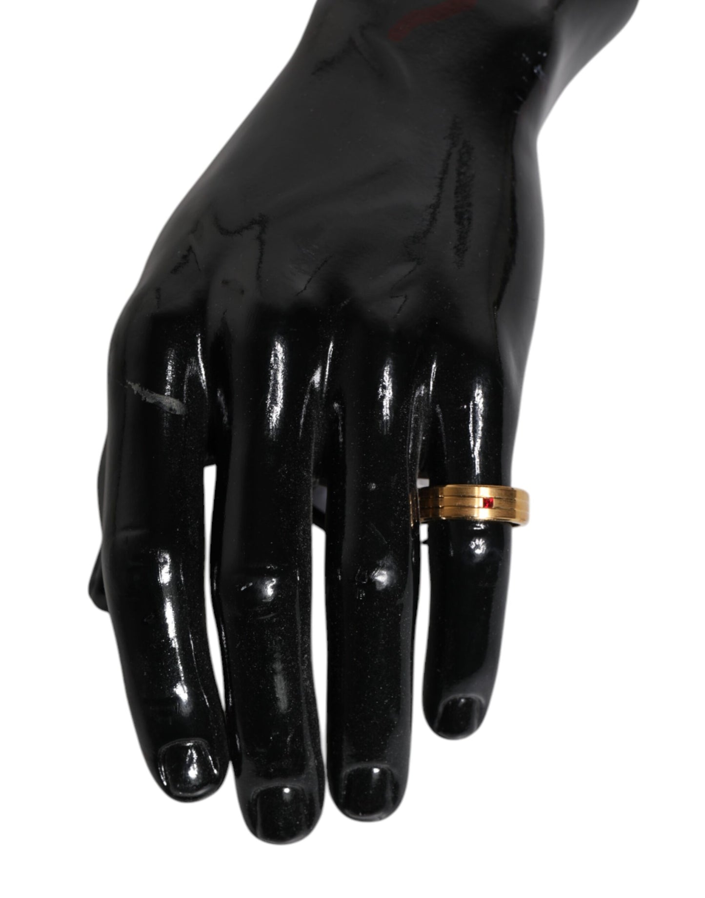 Dolce & Gabbana Goldfarbener Messingring mit rotem Kristall DG Logo