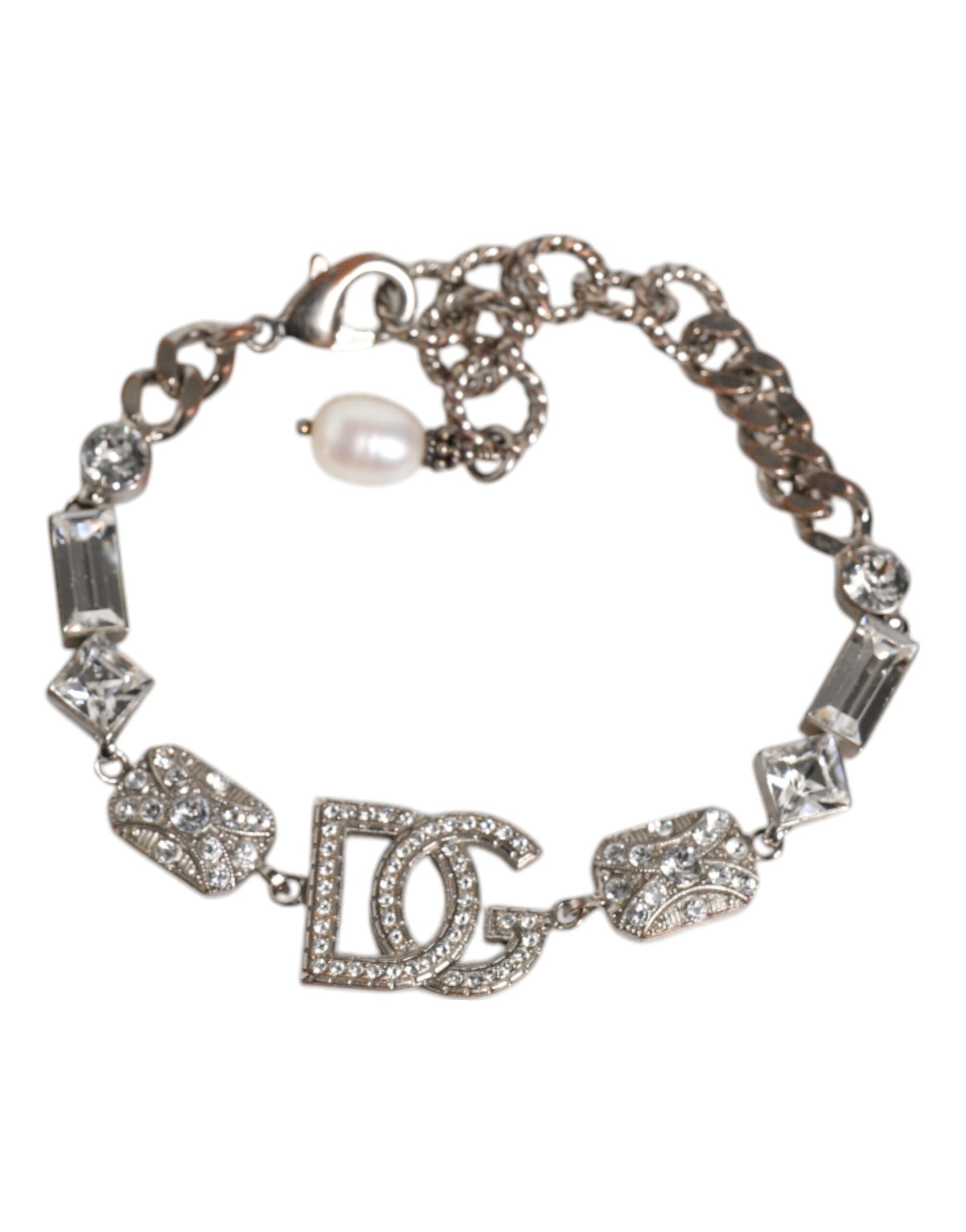 Dolce & Gabbana Silber Messing Kristall DG Logo Charm verschönert Armband