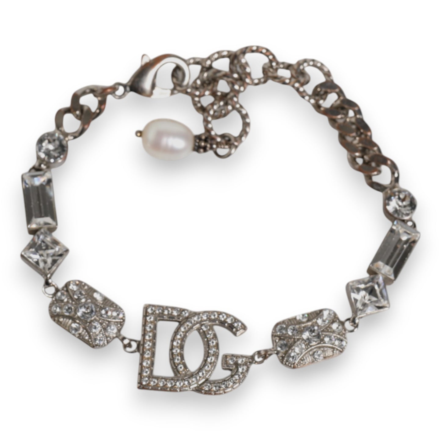 Dolce & Gabbana Silber Messing Kristall DG Logo Charm verschönert Armband