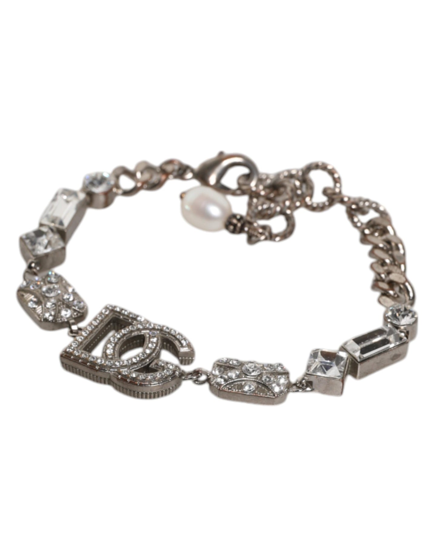 Dolce & Gabbana Silber Messing Kristall DG Logo Charm verschönert Armband